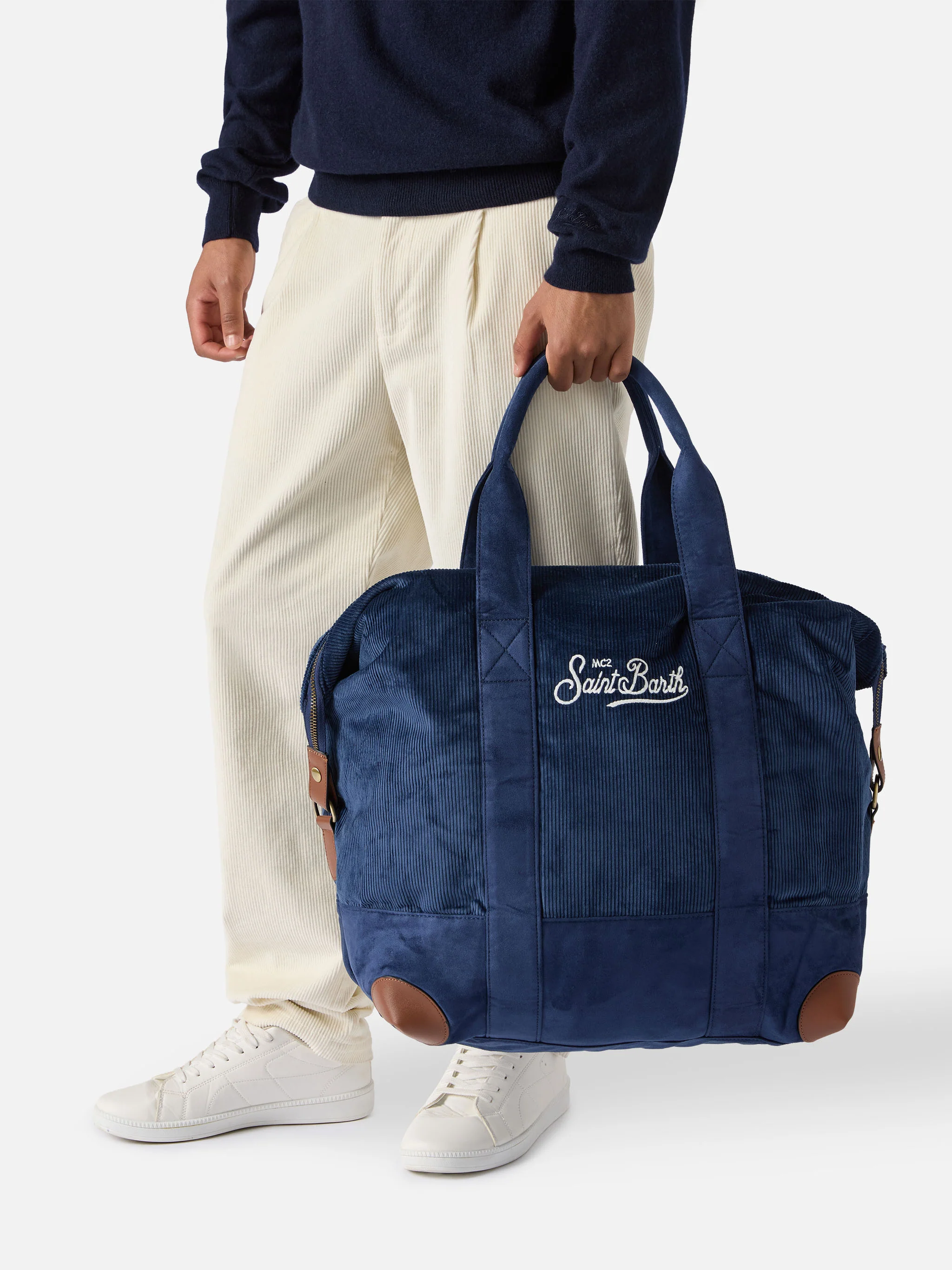 Borsone da viaggio Travel Bag Corduroy in velluto a coste blu e suede - Image 2