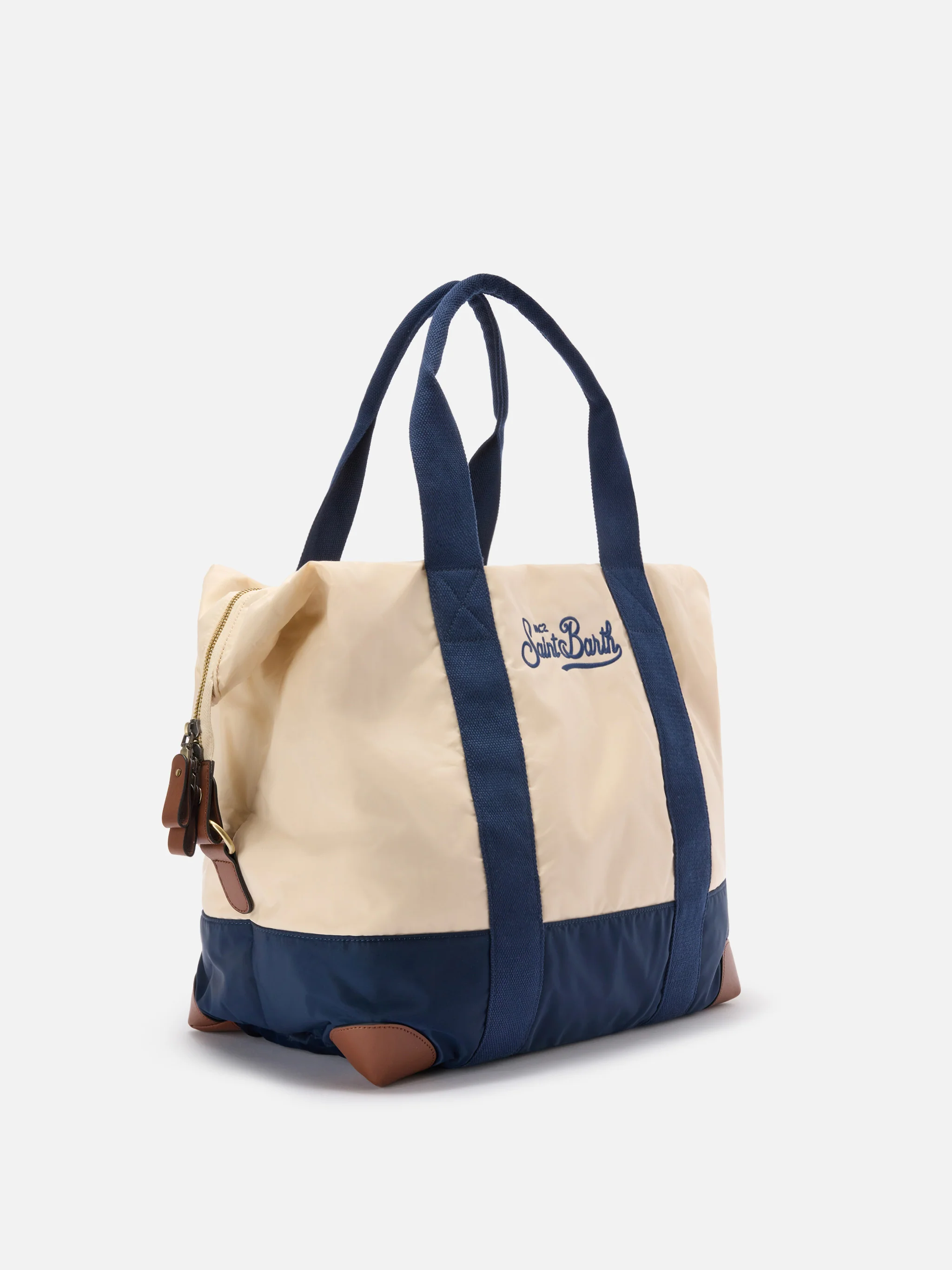 Borsone Travel Bag in nylon panna e blu con logo ricamato - Image 2