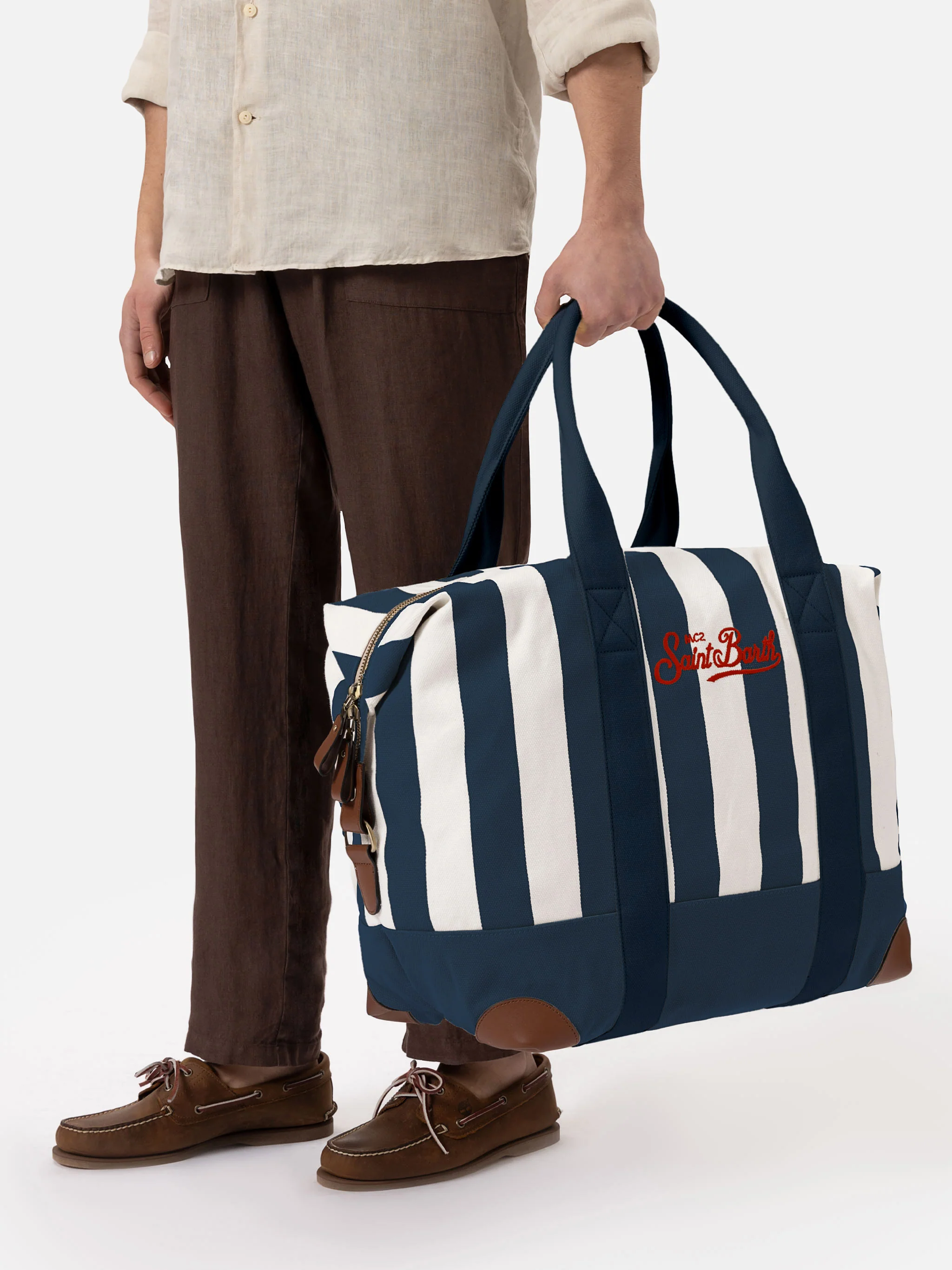 Travel Duffel Bag in canvas di cotone con stampa a righe blu - Image 3