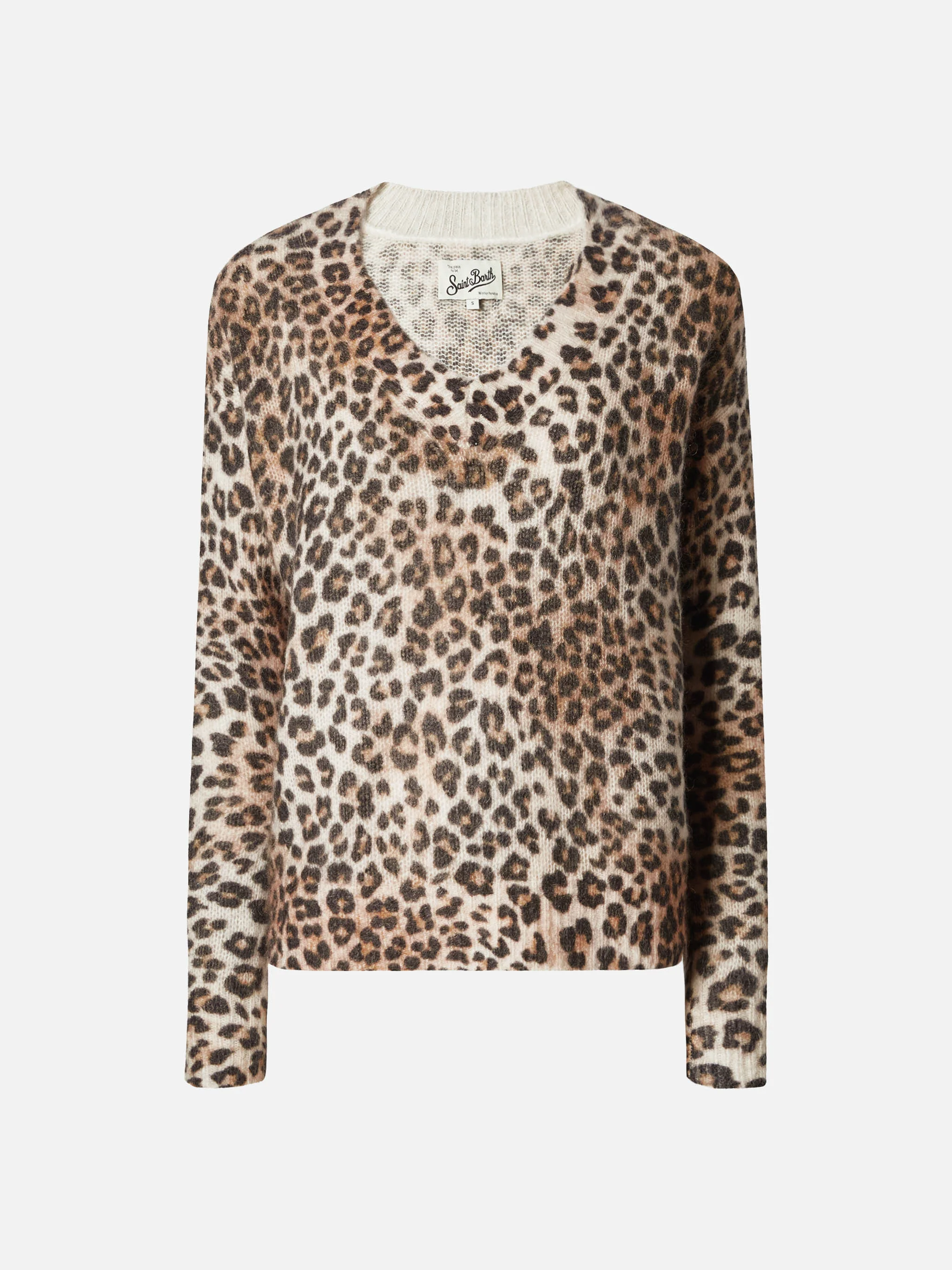 Pullover con scollo a V in misto mohair cammello con stampa leopardata - Image 5