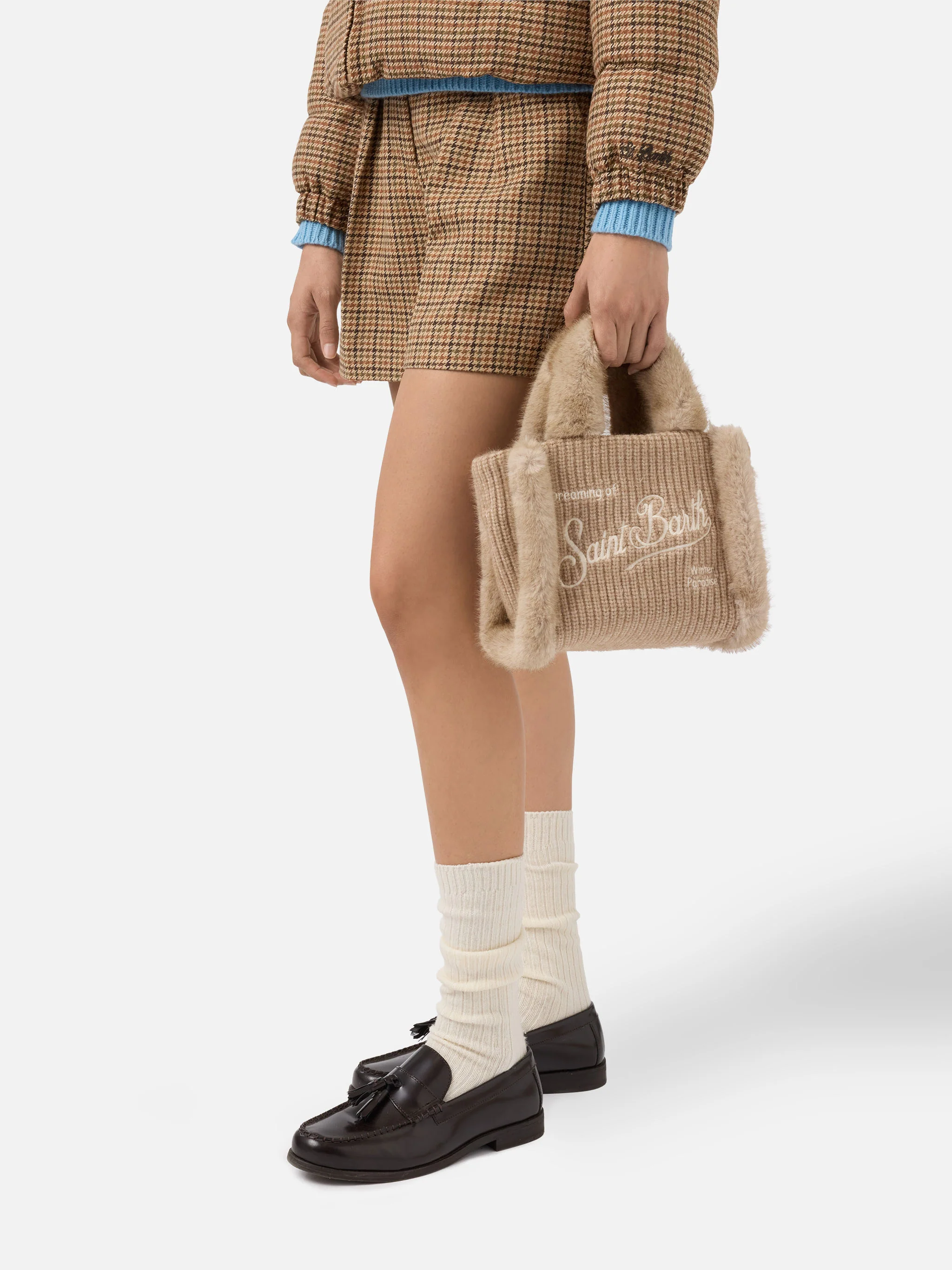 Borsa morbida a mano Vanity Mini Shearling Rib in misto lana a trecce beige - Image 2