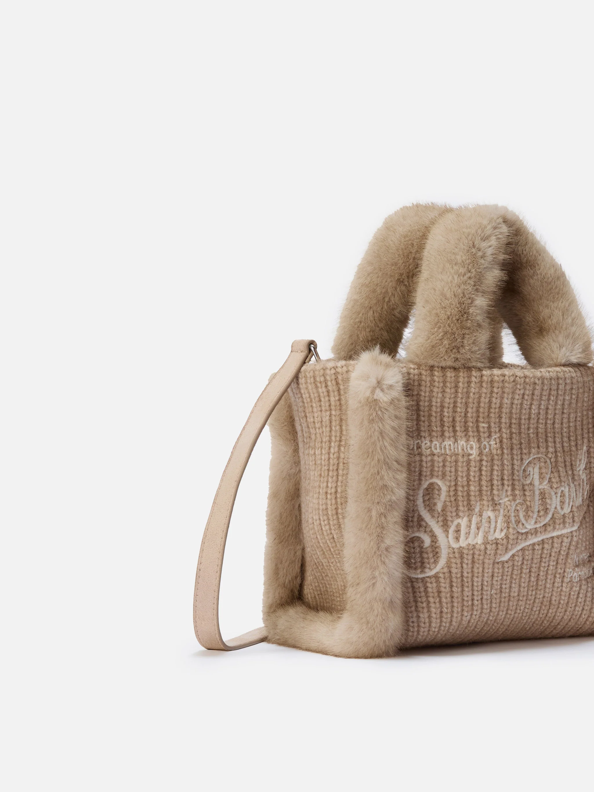 Borsa morbida a mano Vanity Mini Shearling Rib in misto lana a trecce beige - Image 3