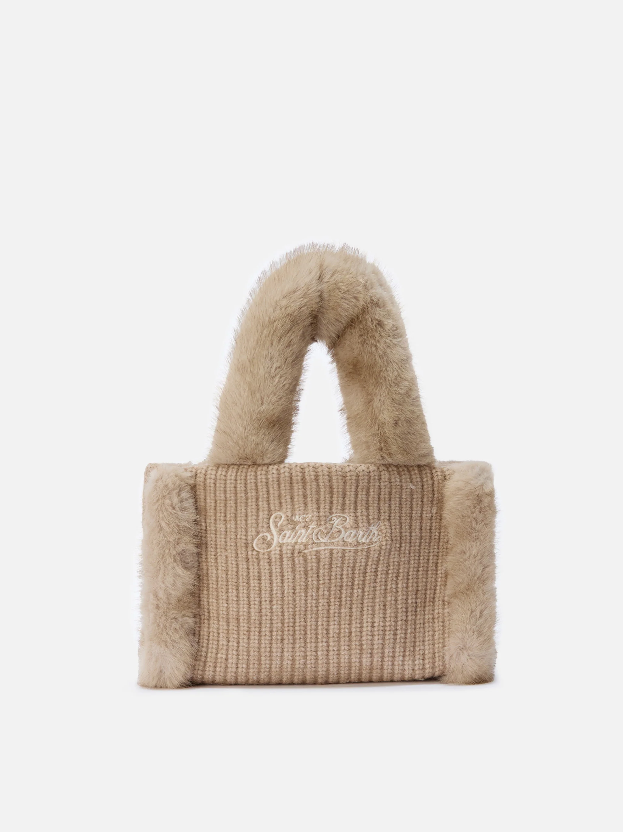 Borsa morbida a mano Vanity Mini Shearling Rib in misto lana a trecce beige - Image 4