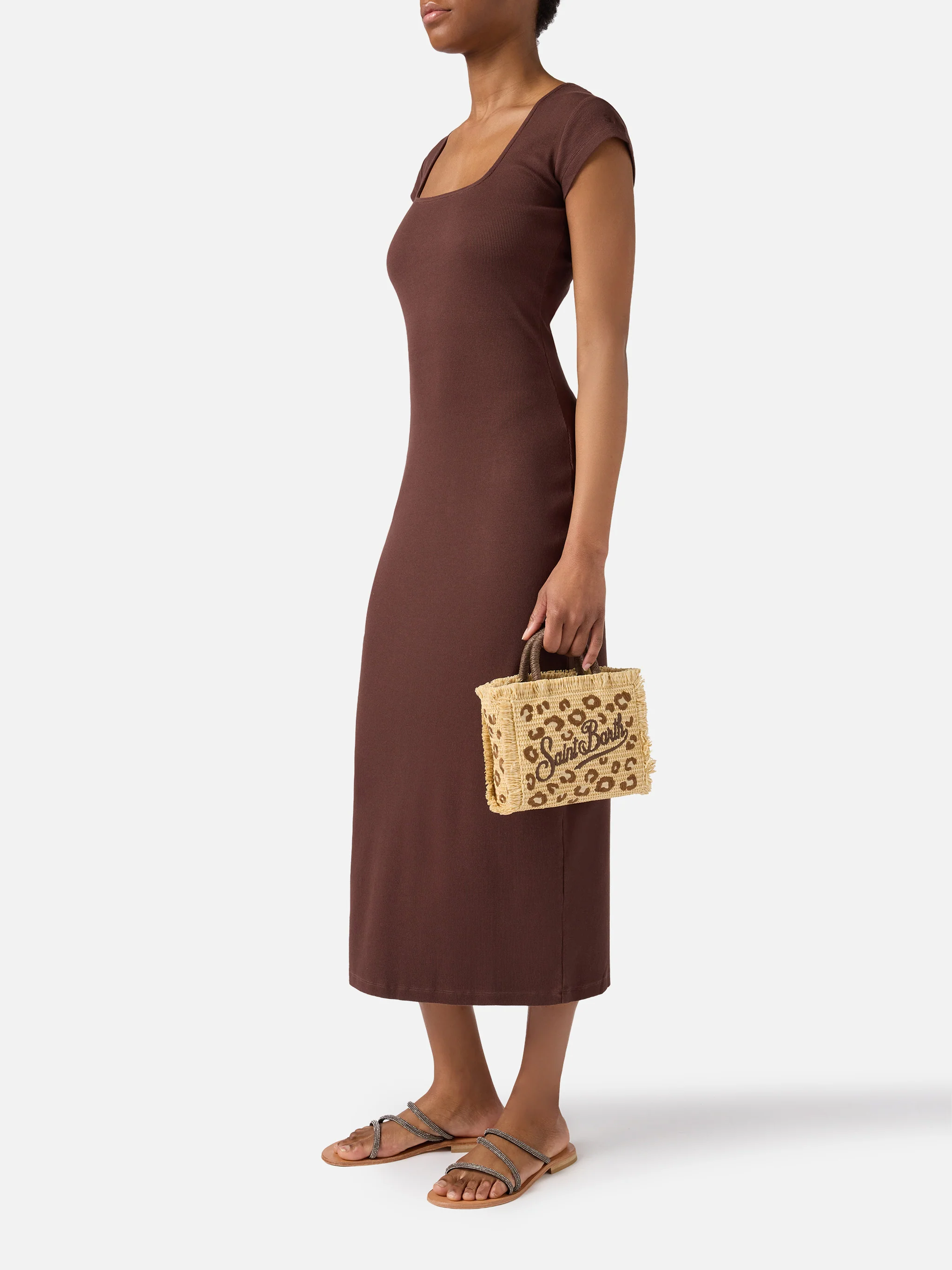 Borsa Vanity mini in tessuto effetto paglia con ricamo leopardato - Image 2