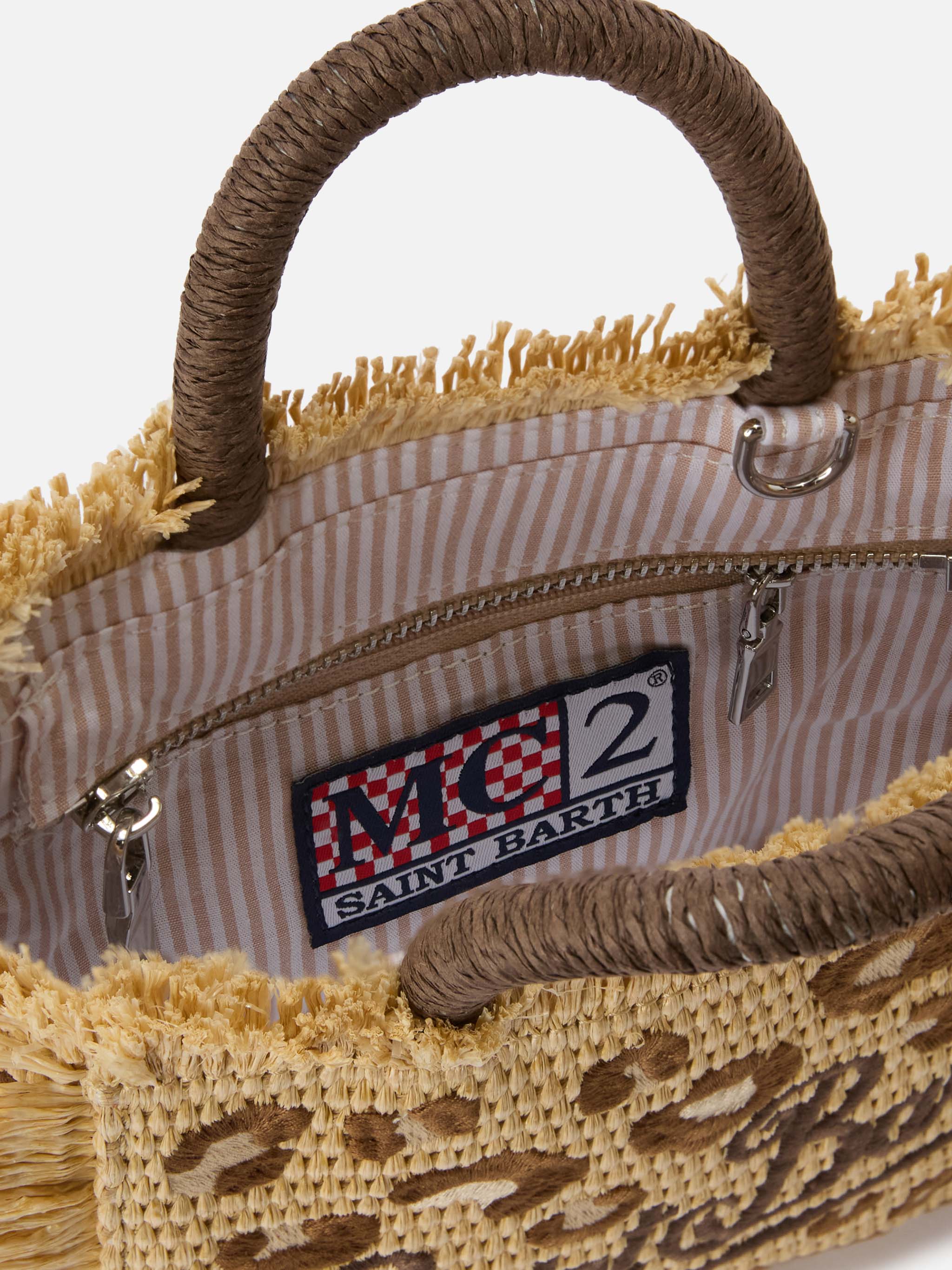 Borsa Vanity mini in tessuto effetto paglia con ricamo leopardato - Image 5