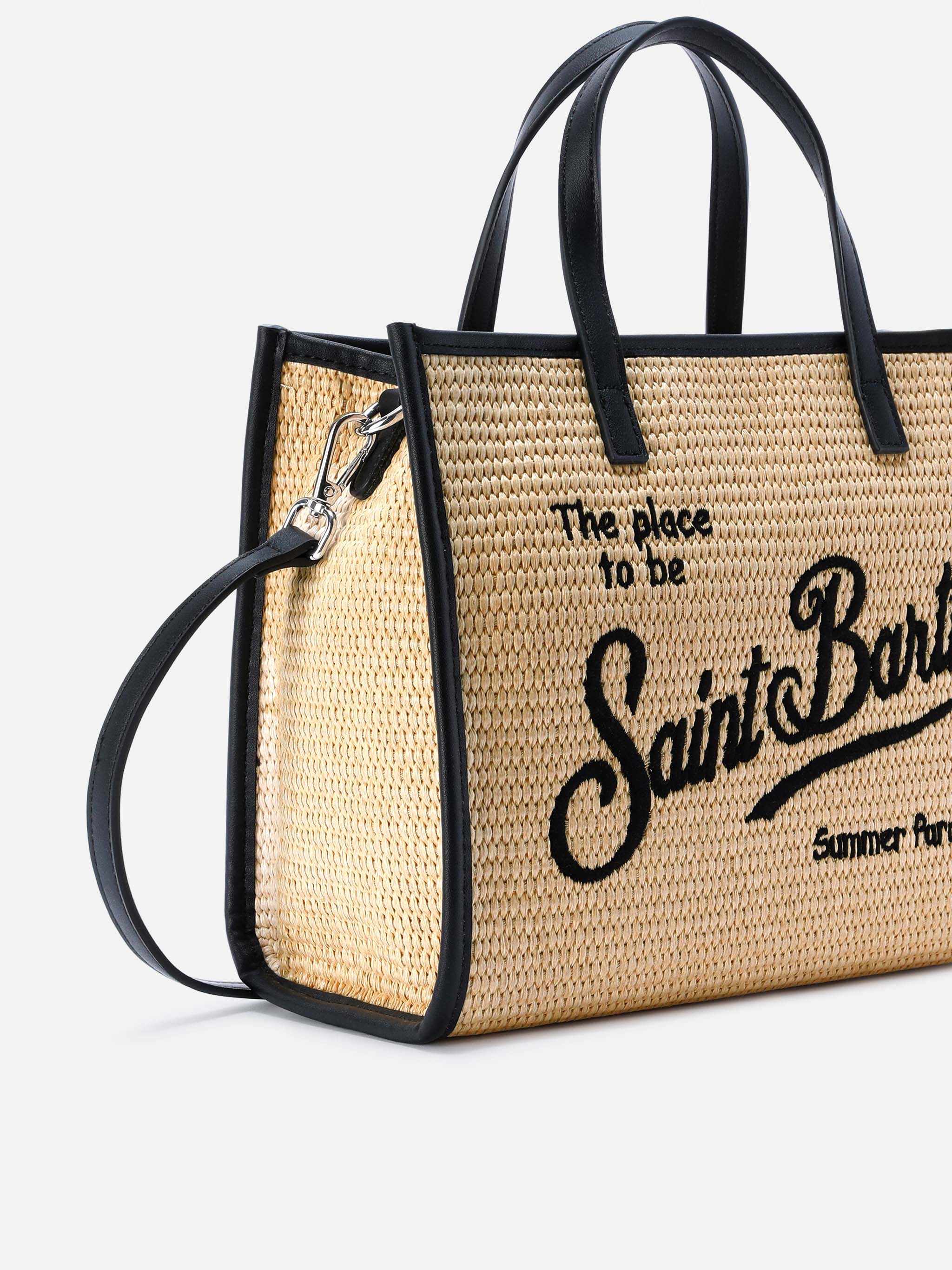 Borsa Vivian medium effetto raffia con logo nero ricamato - Image 3