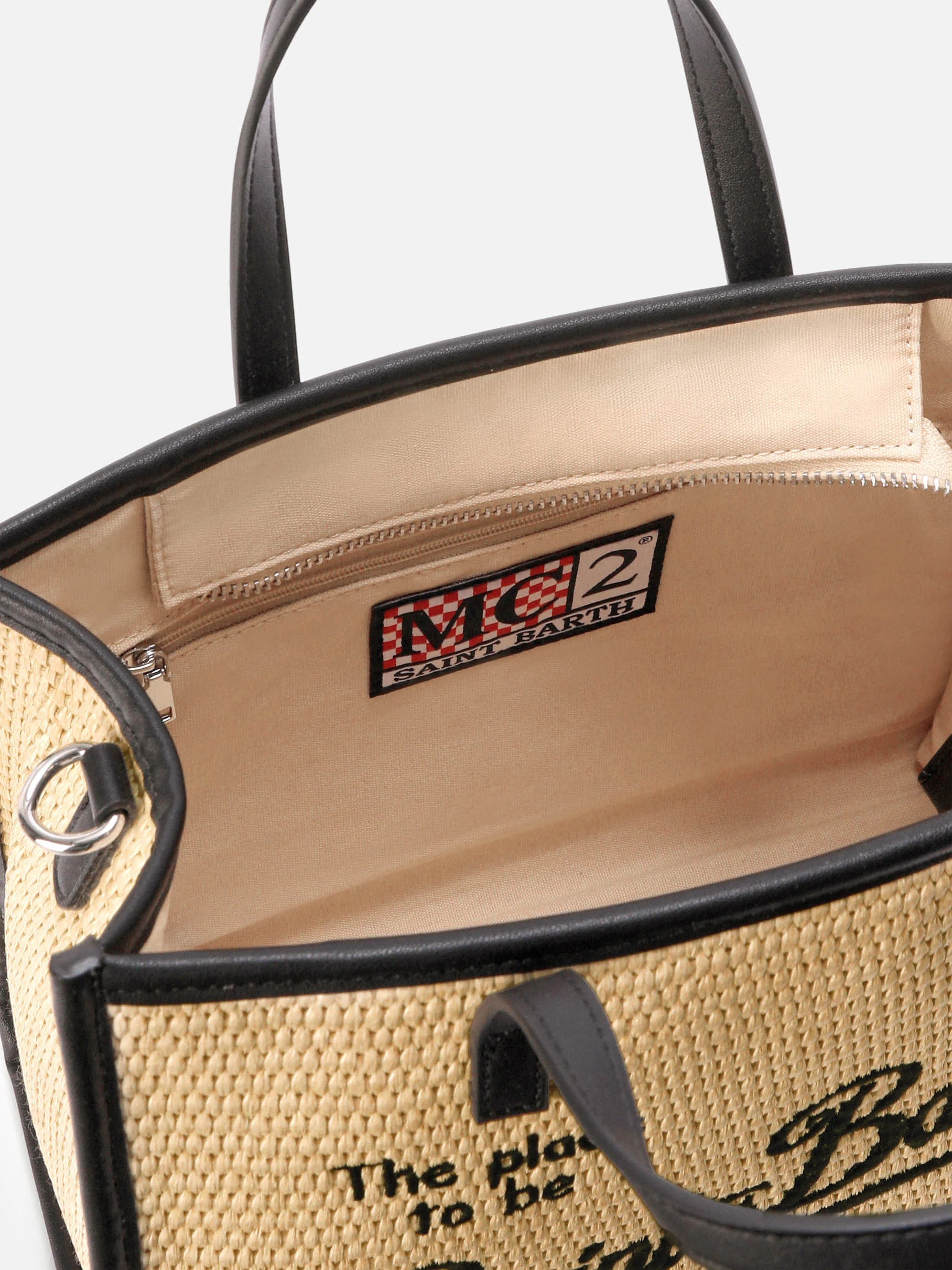 Borsa Vivian medium effetto raffia con logo nero ricamato - Image 5
