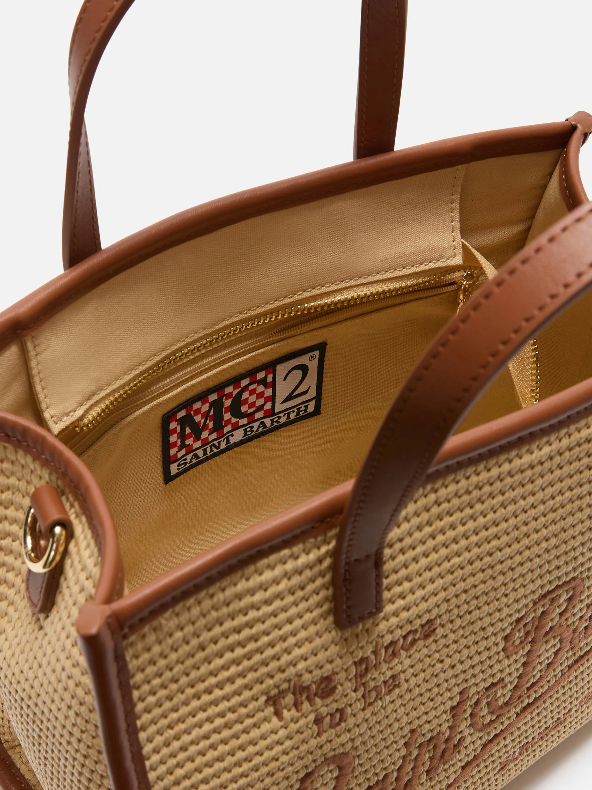 Borsa Vivian medium effetto raffia con logo marrone ricamato - Image 4