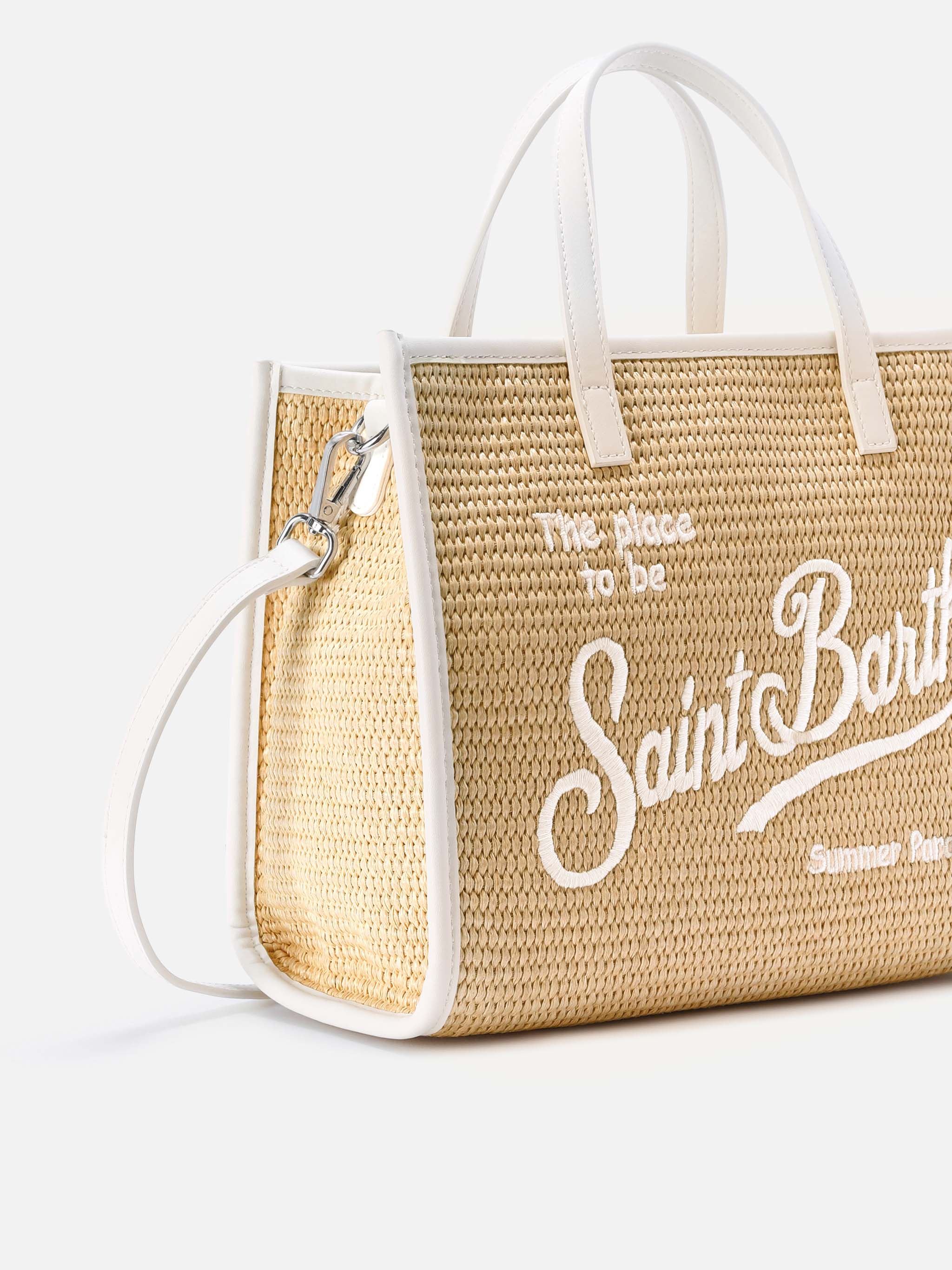 Borsa Vivian medium effetto raffia con logo bianco ricamato - Image 3