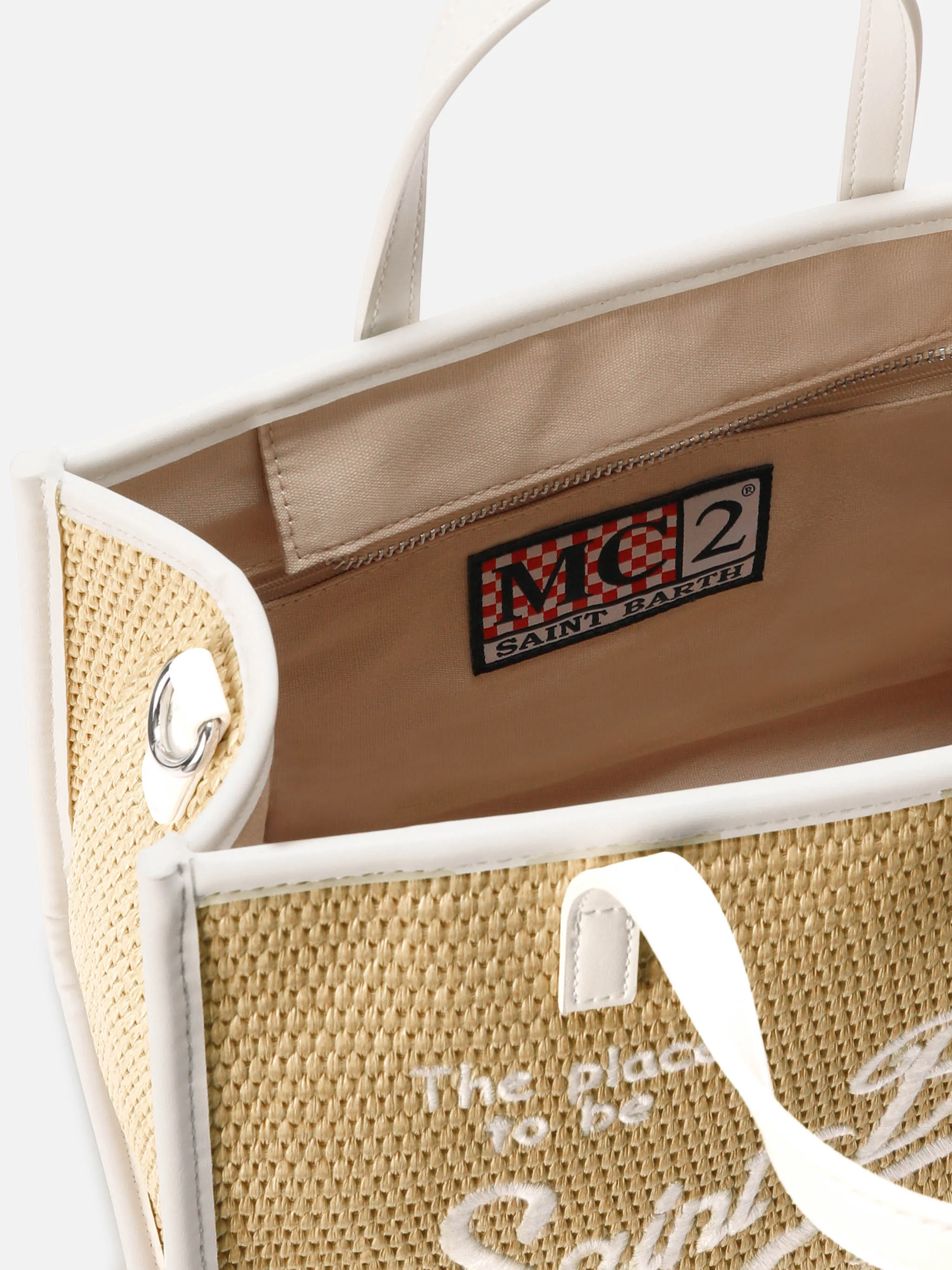 Borsa Vivian medium effetto raffia con logo bianco ricamato - Image 5