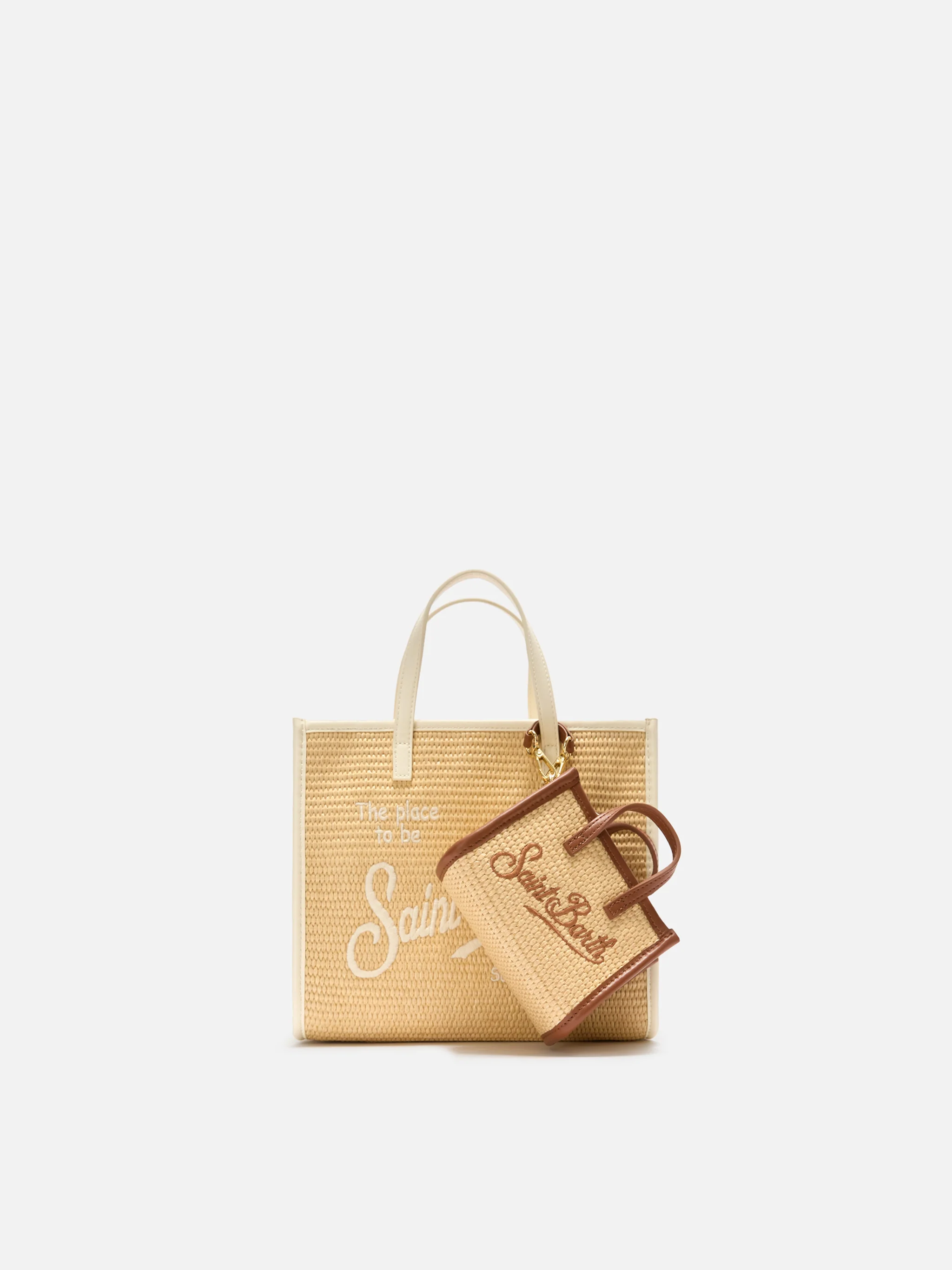 Borsa Vivian micro effetto raffia con logo marrone ricamato - Image 6
