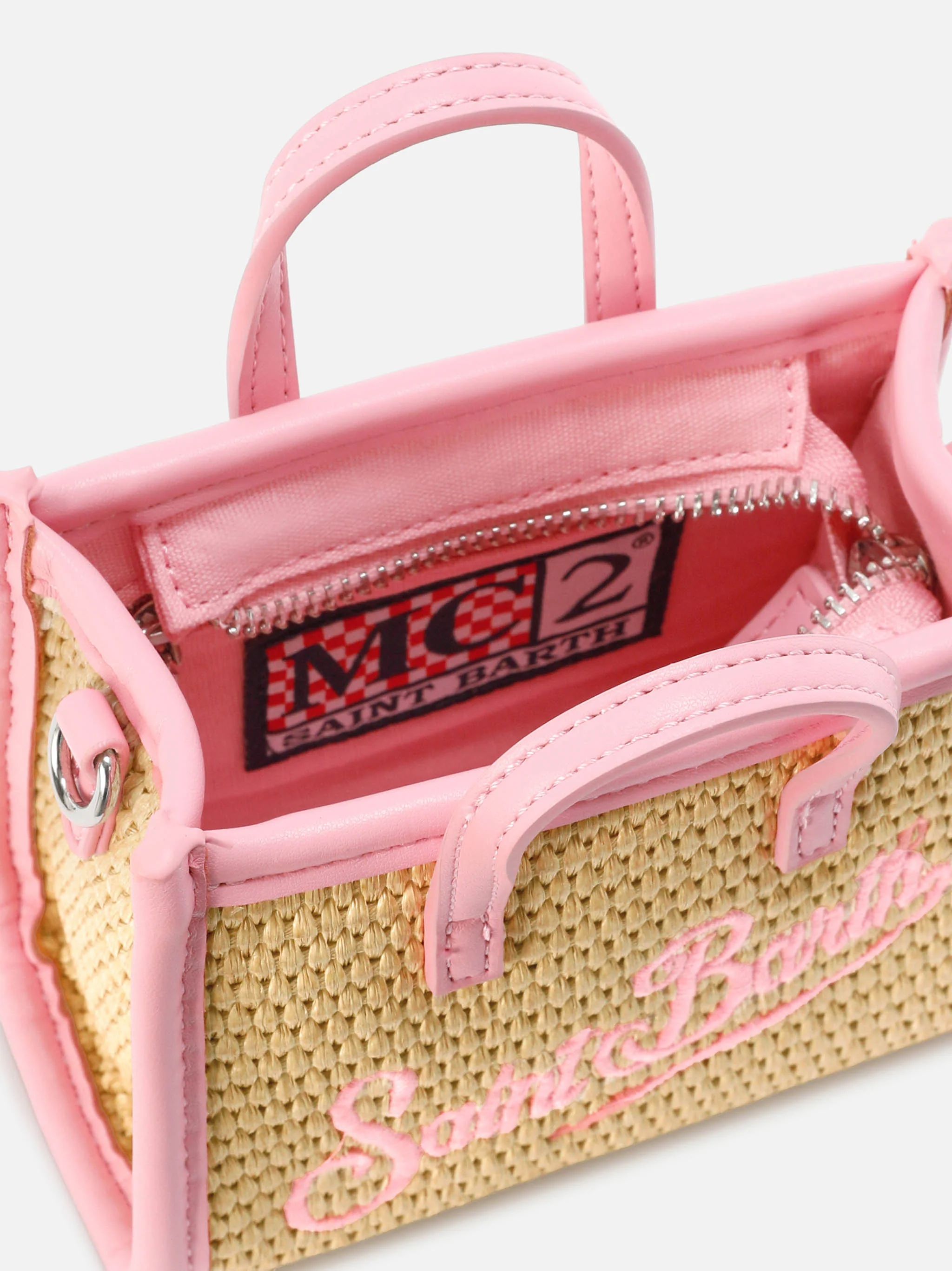 Borsa Vivian micro effetto raffia con logo rosa ricamato - Image 5