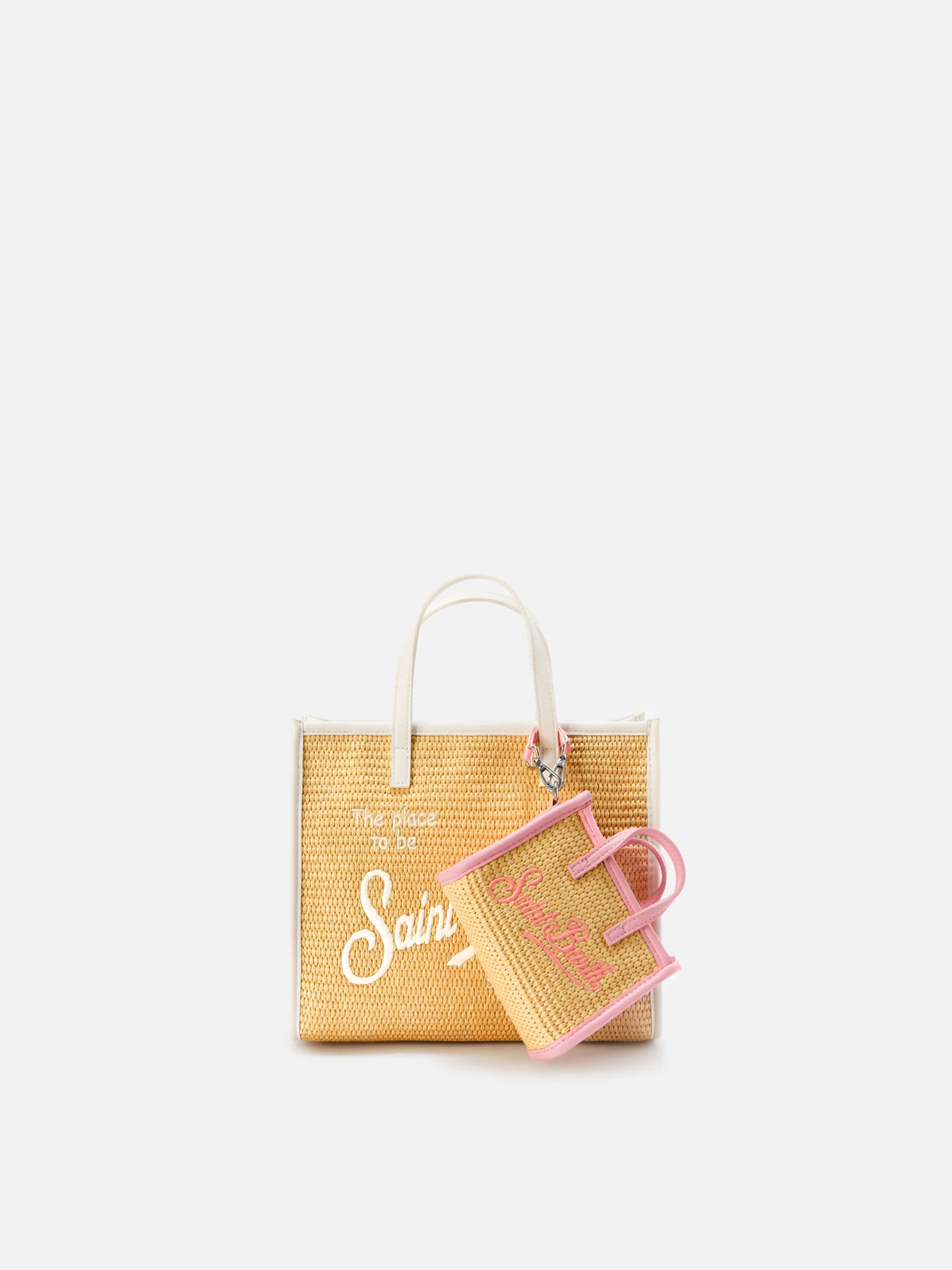 Borsa Vivian micro effetto raffia con logo rosa ricamato - Image 6