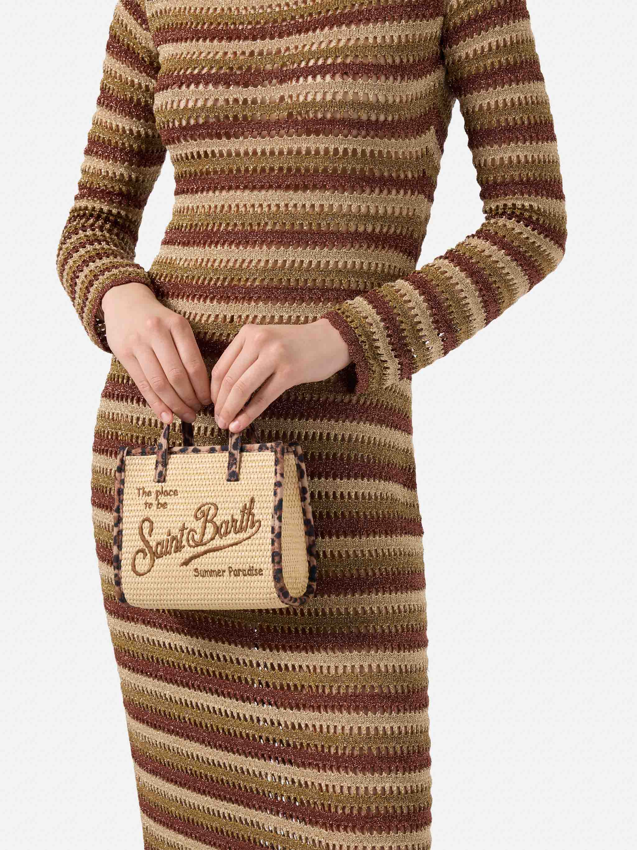 Borsa Vivian mini in tessuto effetto paglia con profili leopardati - Image 2