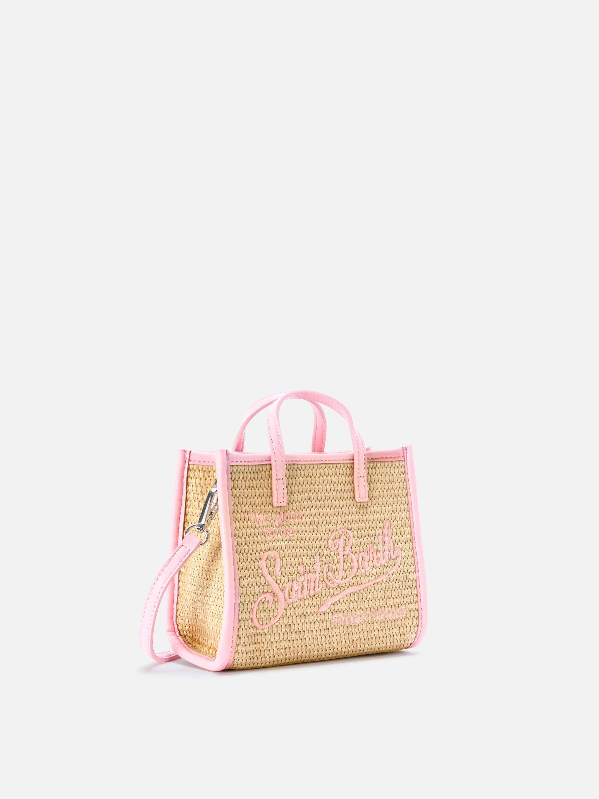 Borsa Vivian mini in tessuto effetto paglia con logo rosa ricamato - Image 3