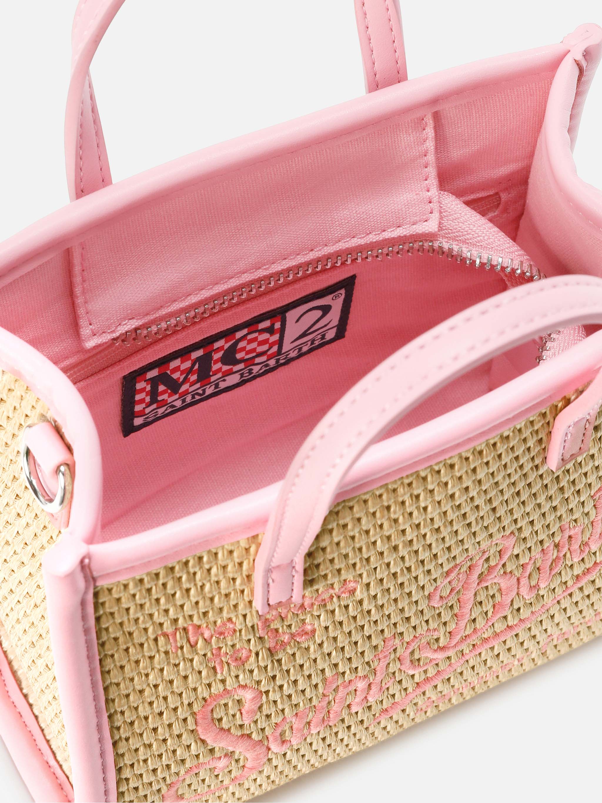 Borsa Vivian mini in tessuto effetto paglia con logo rosa ricamato - Image 5
