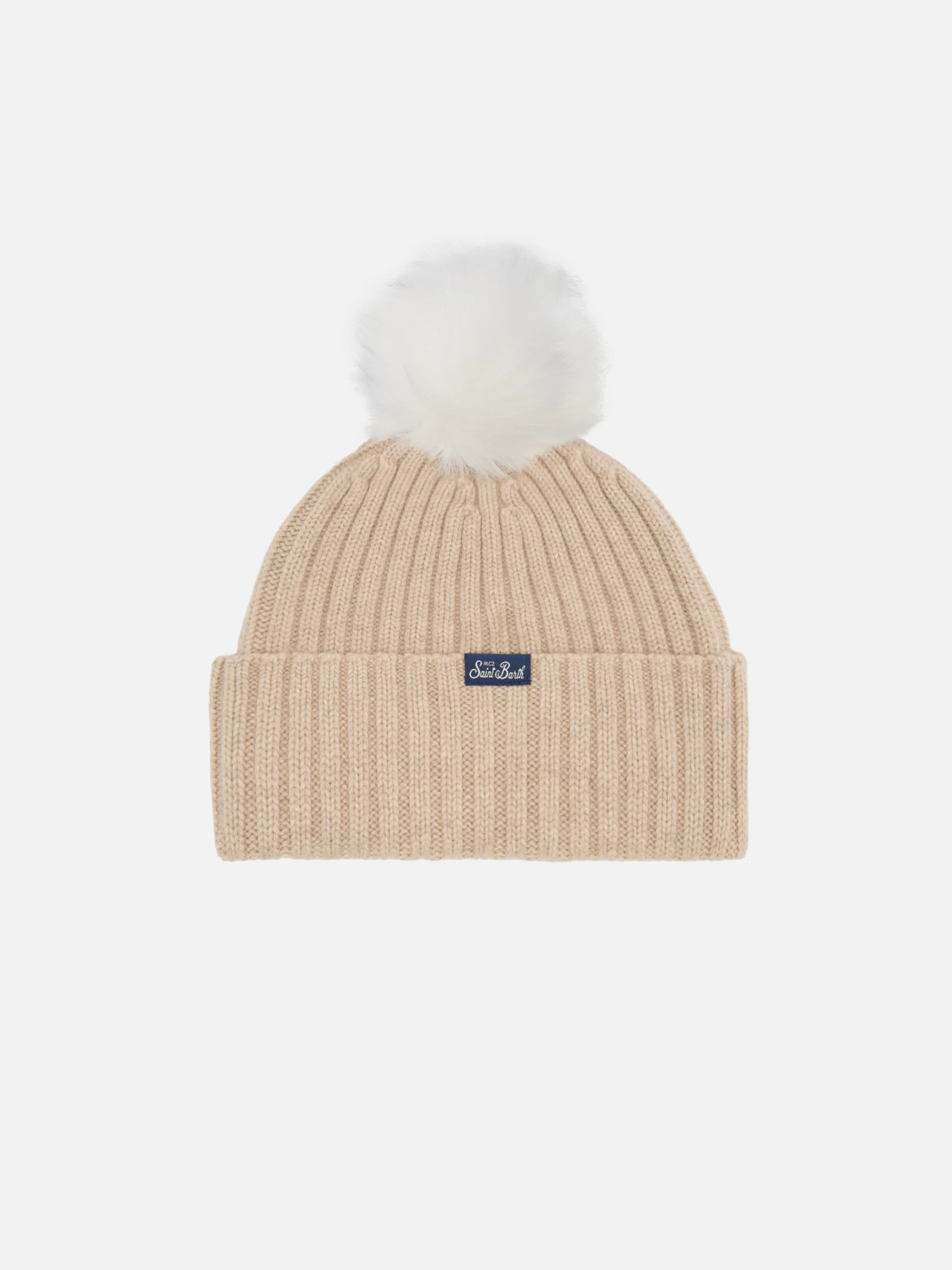 Berretto Wengen in misto cashmere beige con ricamo lurex Apres Chic e pompon - Image 3