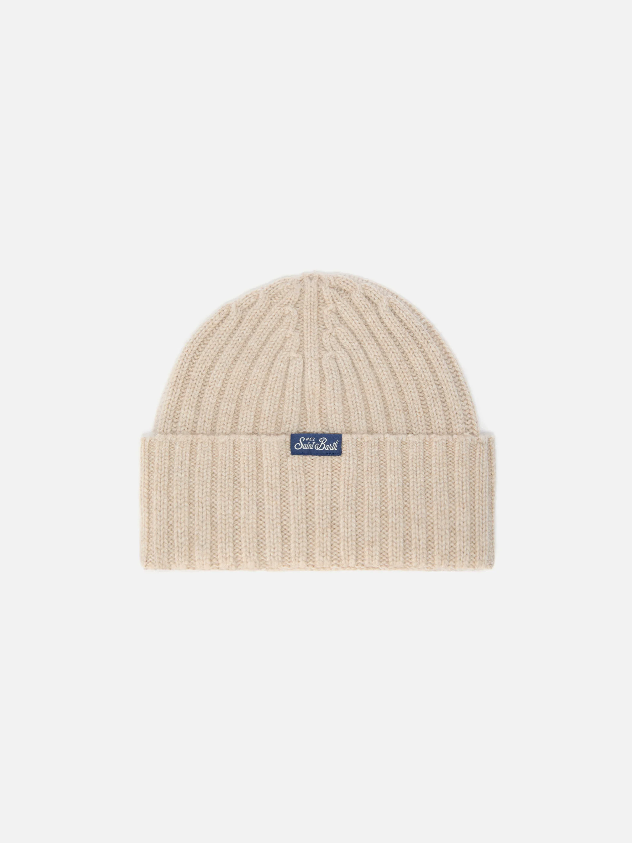 Berretto Wengen in misto cashmere beige con ricamo Monella - Image 3