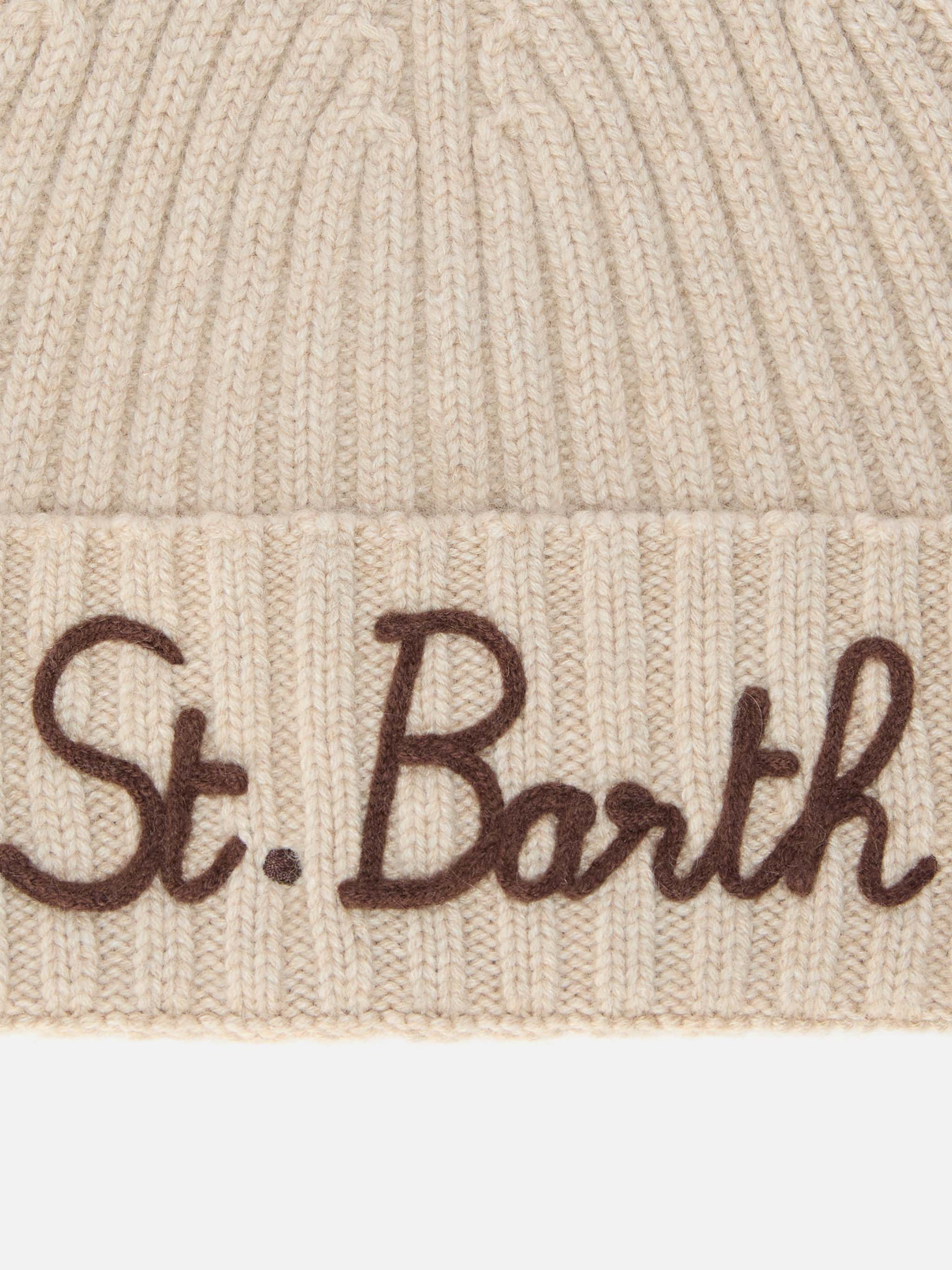 Berretto Wengen in misto cashmere beige con ricamo St. Barth - Image 2