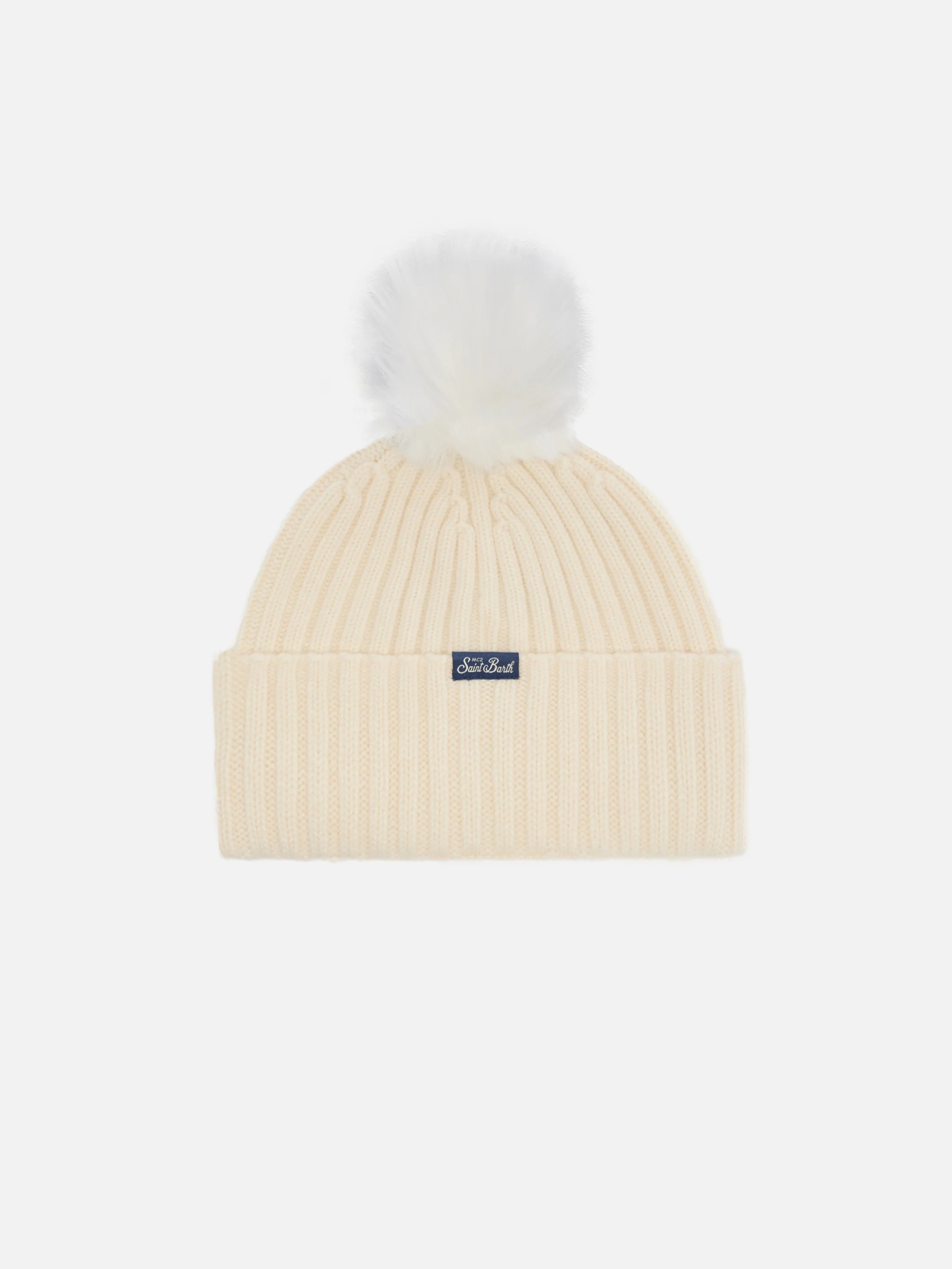 Berretto Wengen in misto cashmere bianco con ricamo lurex Cortina e pompon - Image 3