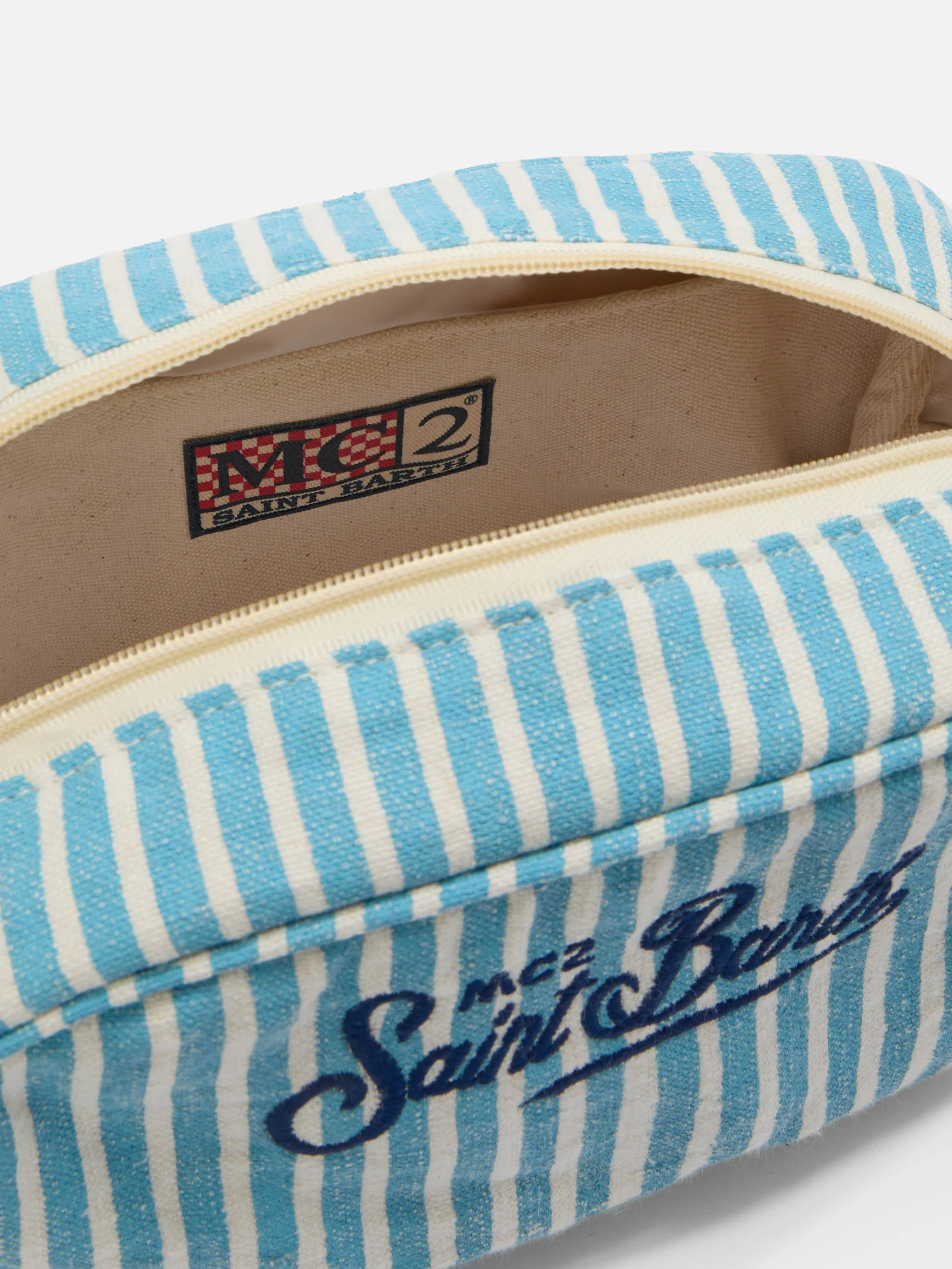 Beauty Bag Westwood in lino con fantasia a righe azzurro e bianco - Image 4