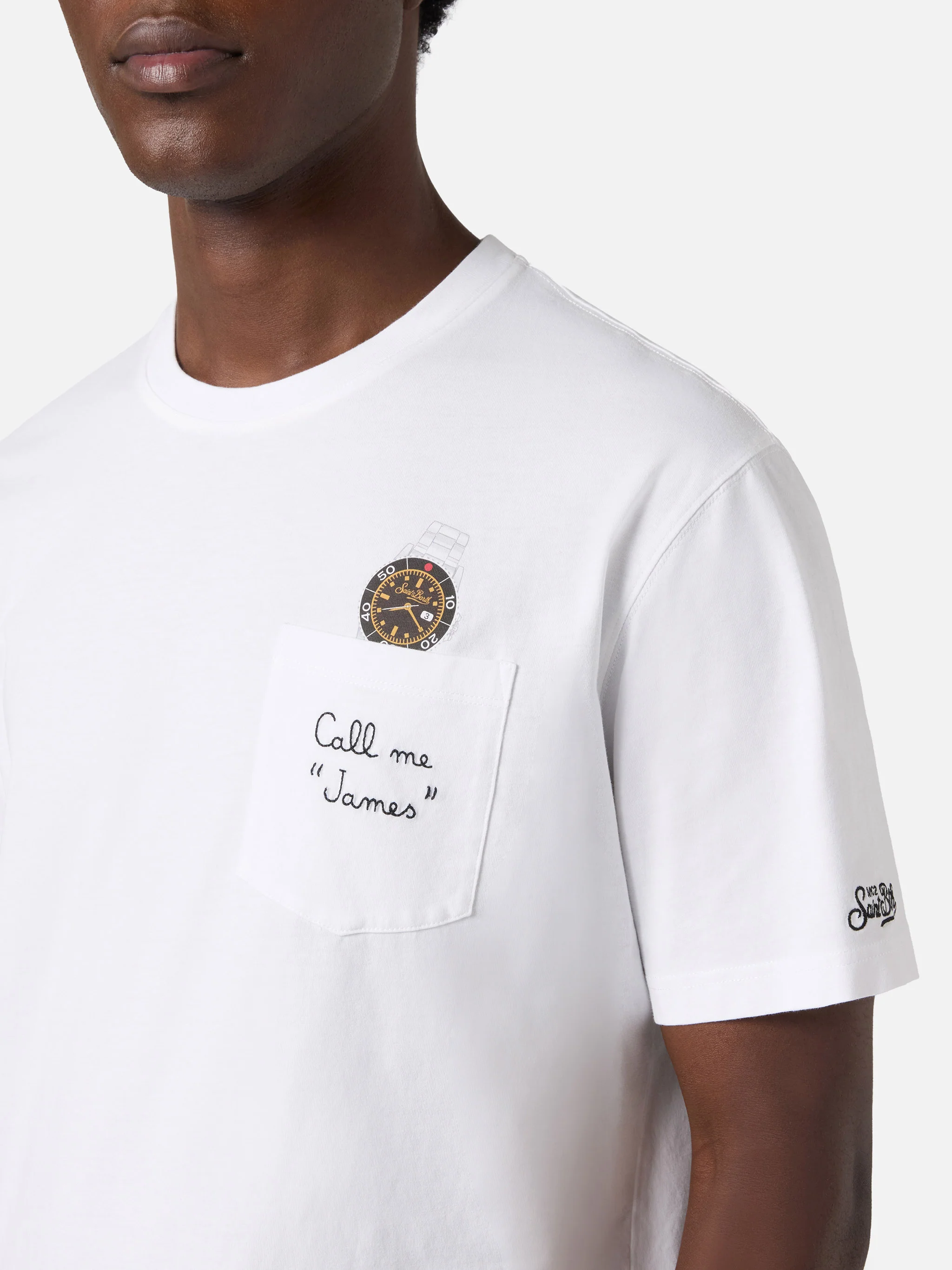 T-shirt Austin bianca con orologio e ricamo Call Me James - Image 2