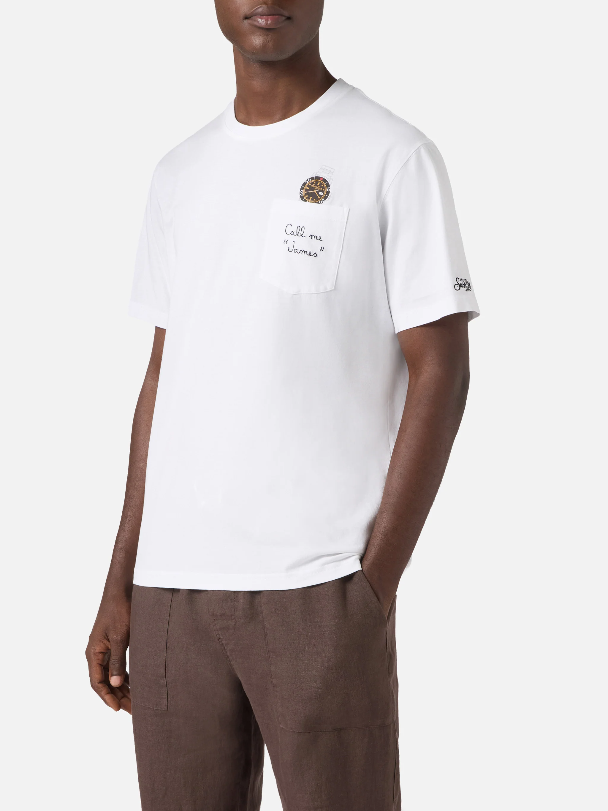 T-shirt Austin bianca con orologio e ricamo Call Me James - Image 3