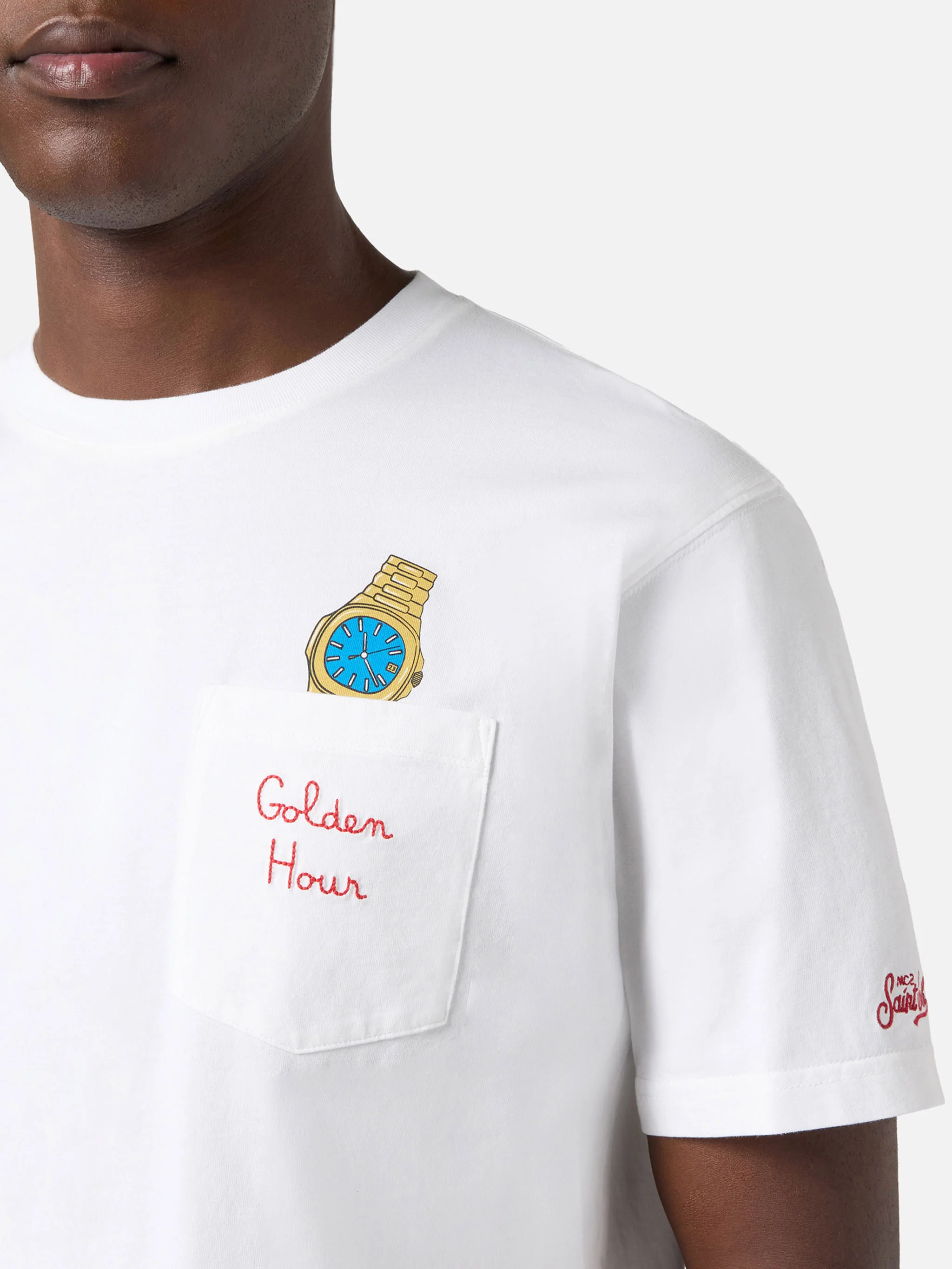 T-shirt Austin bianca con orologio e ricamo Golden Hour - Image 2
