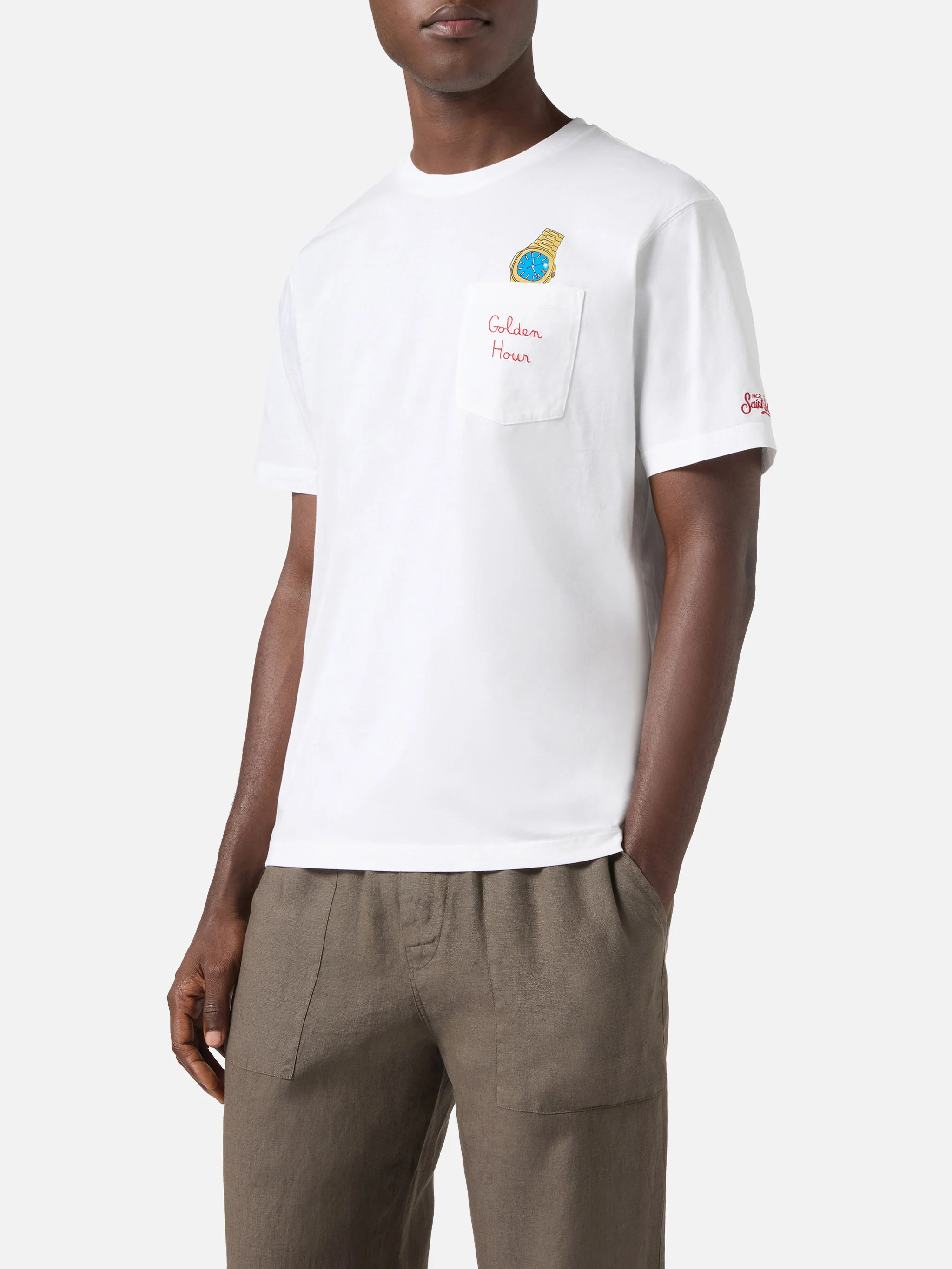 T-shirt Austin bianca con orologio e ricamo Golden Hour - Image 3
