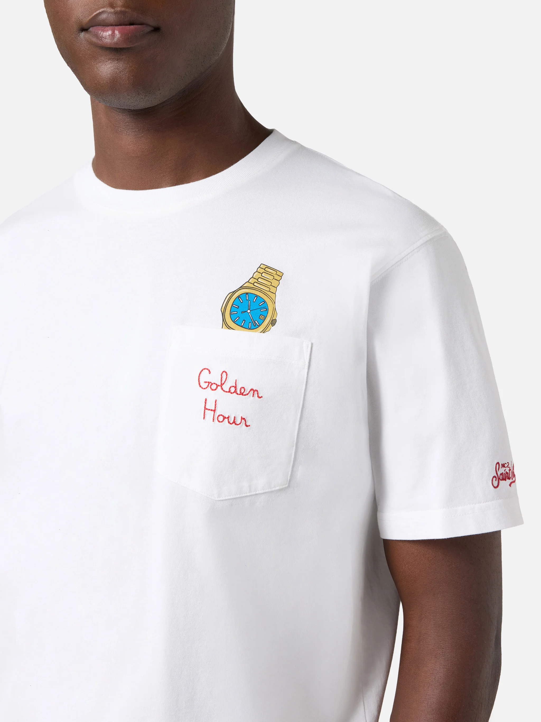 T-shirt Austin bianca con orologio e ricamo Golden Hour - Image 5