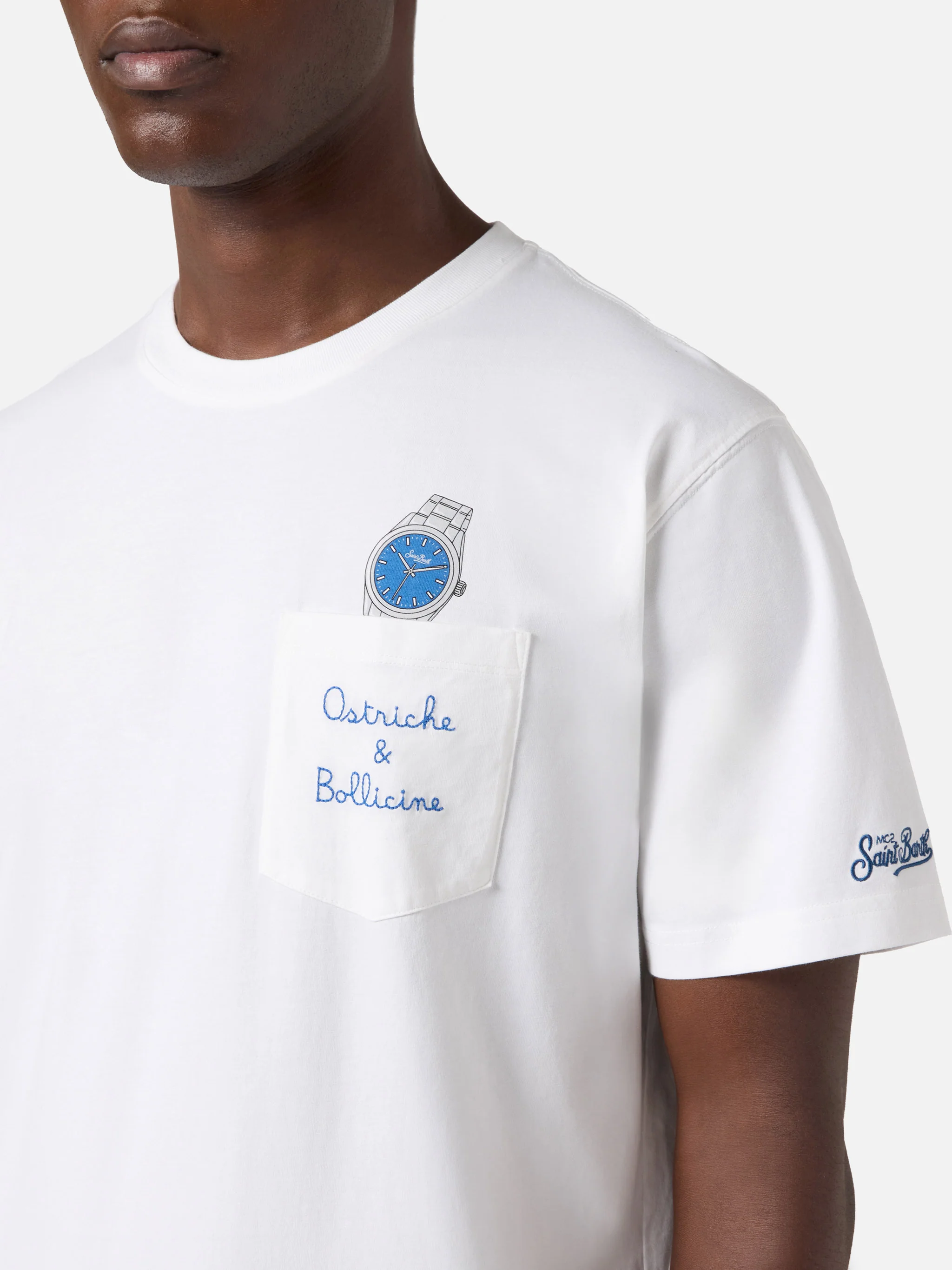 T-shirt Austin bianca con orologio e ricamo Ostriche e Bollicine - Image 2