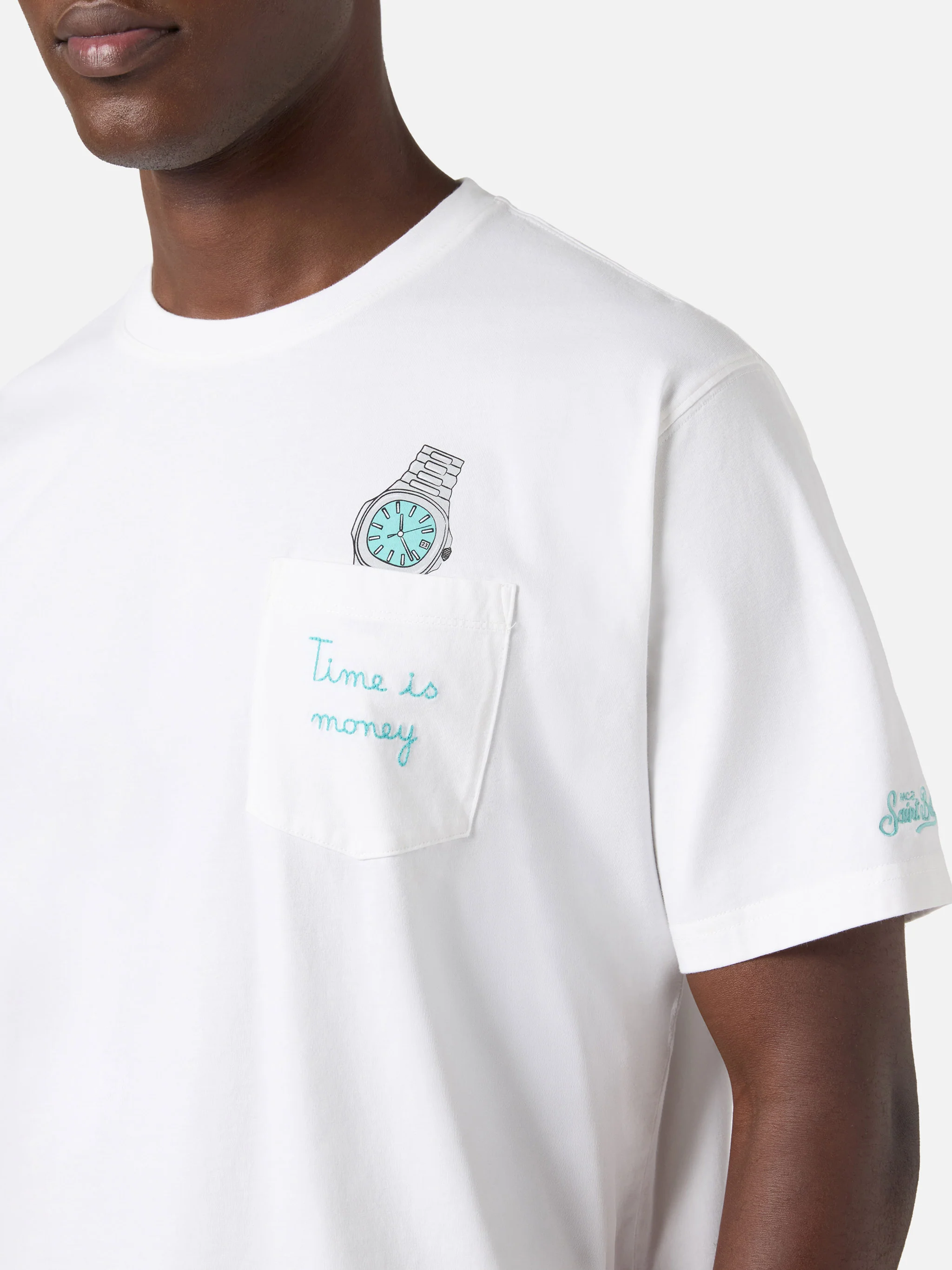 T-shirt Austin bianca con orologio e ricamo Time Is Money - Image 2