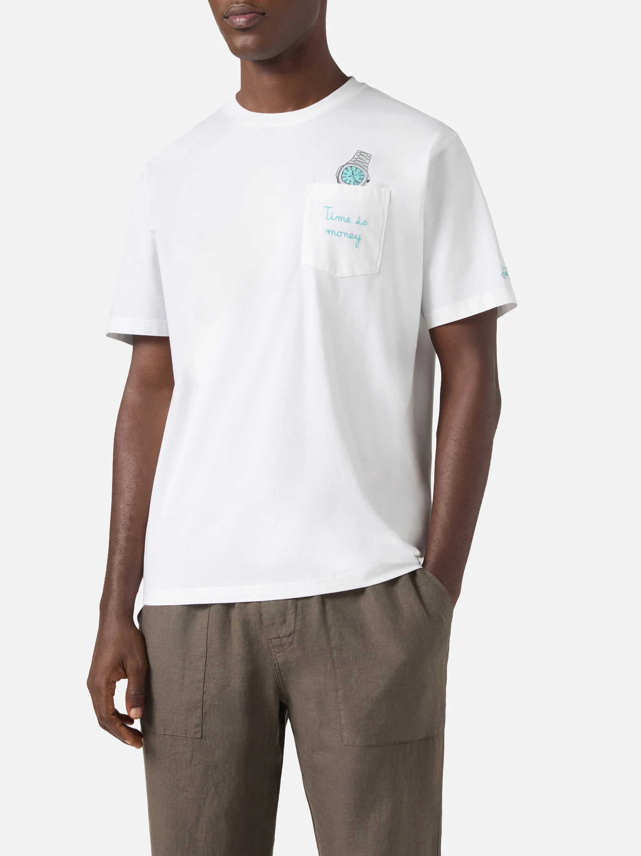 T-shirt Austin bianca con orologio e ricamo Time Is Money - Image 3