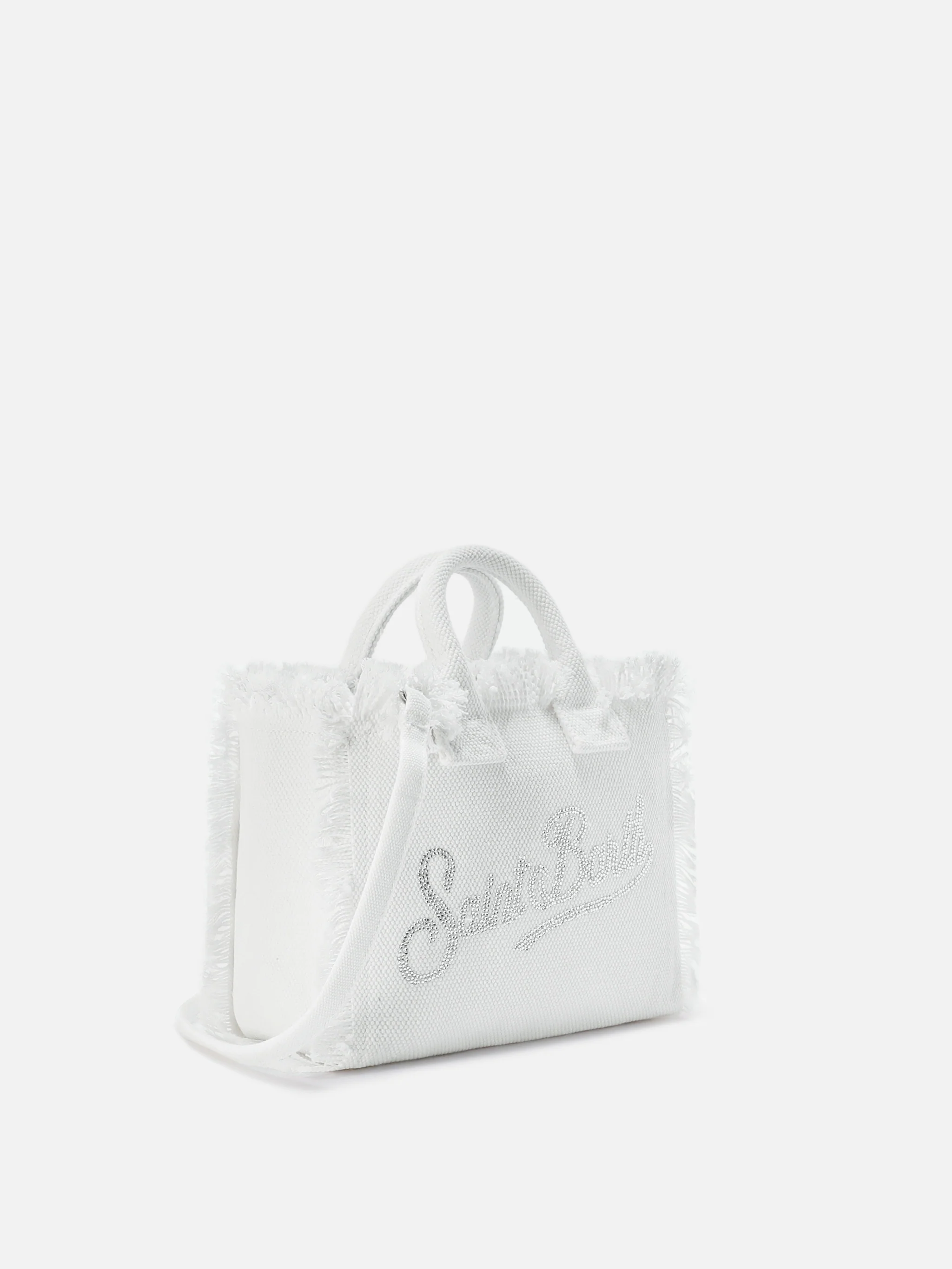 Borsa Vanity mini in canvas bianca con logo in strass - Image 3
