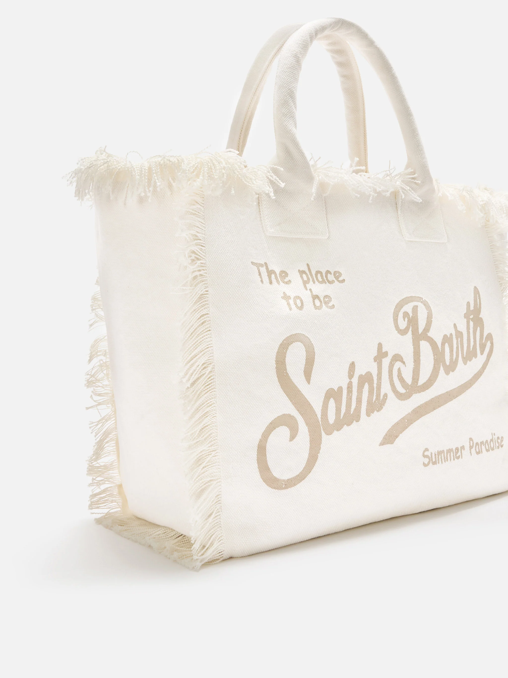 Borsa Vanity regular bianca in canvas con frange - Image 3