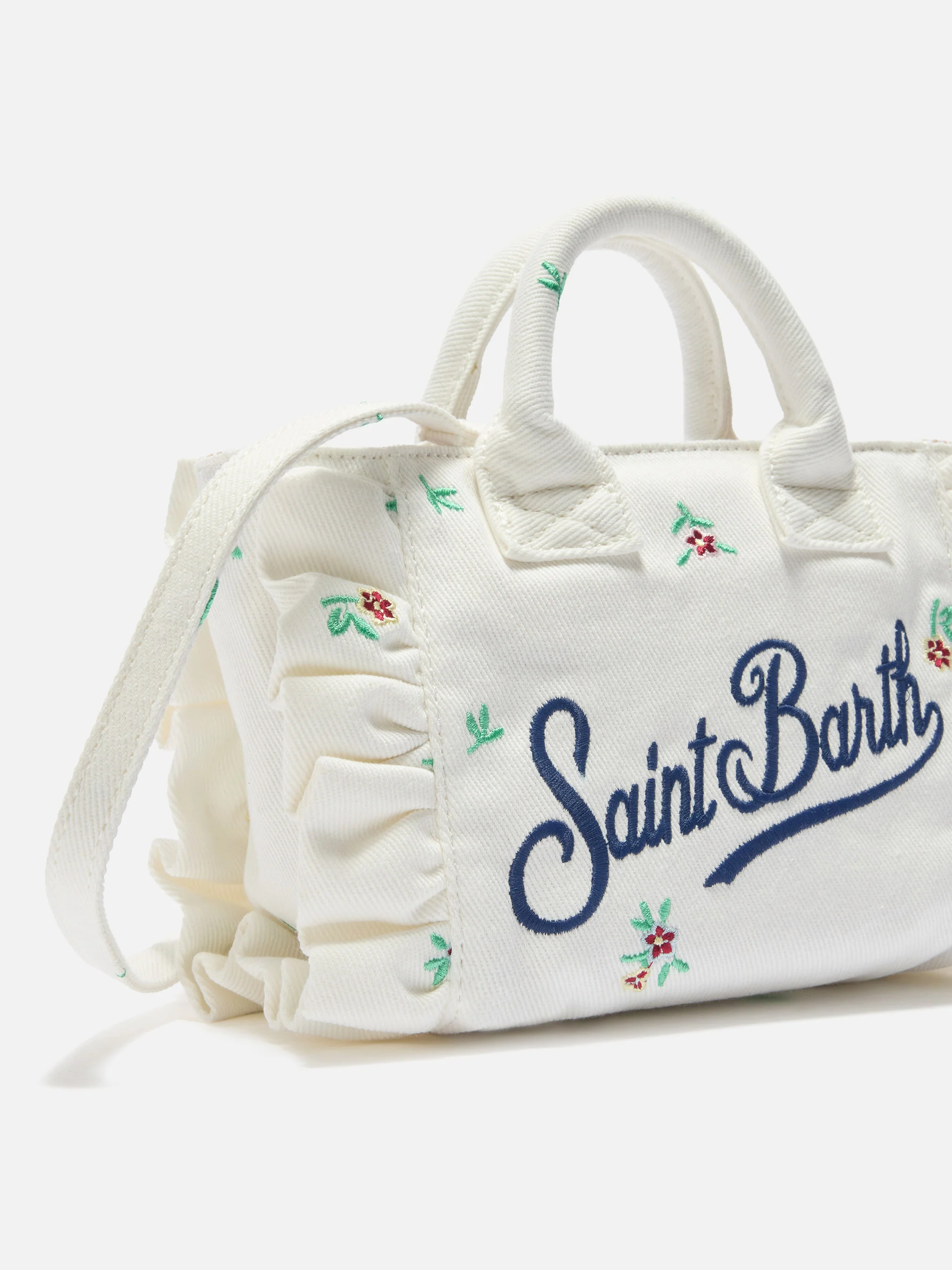 Borsa Vanity mini volant in denim bianca con fiori ricamati - Image 2