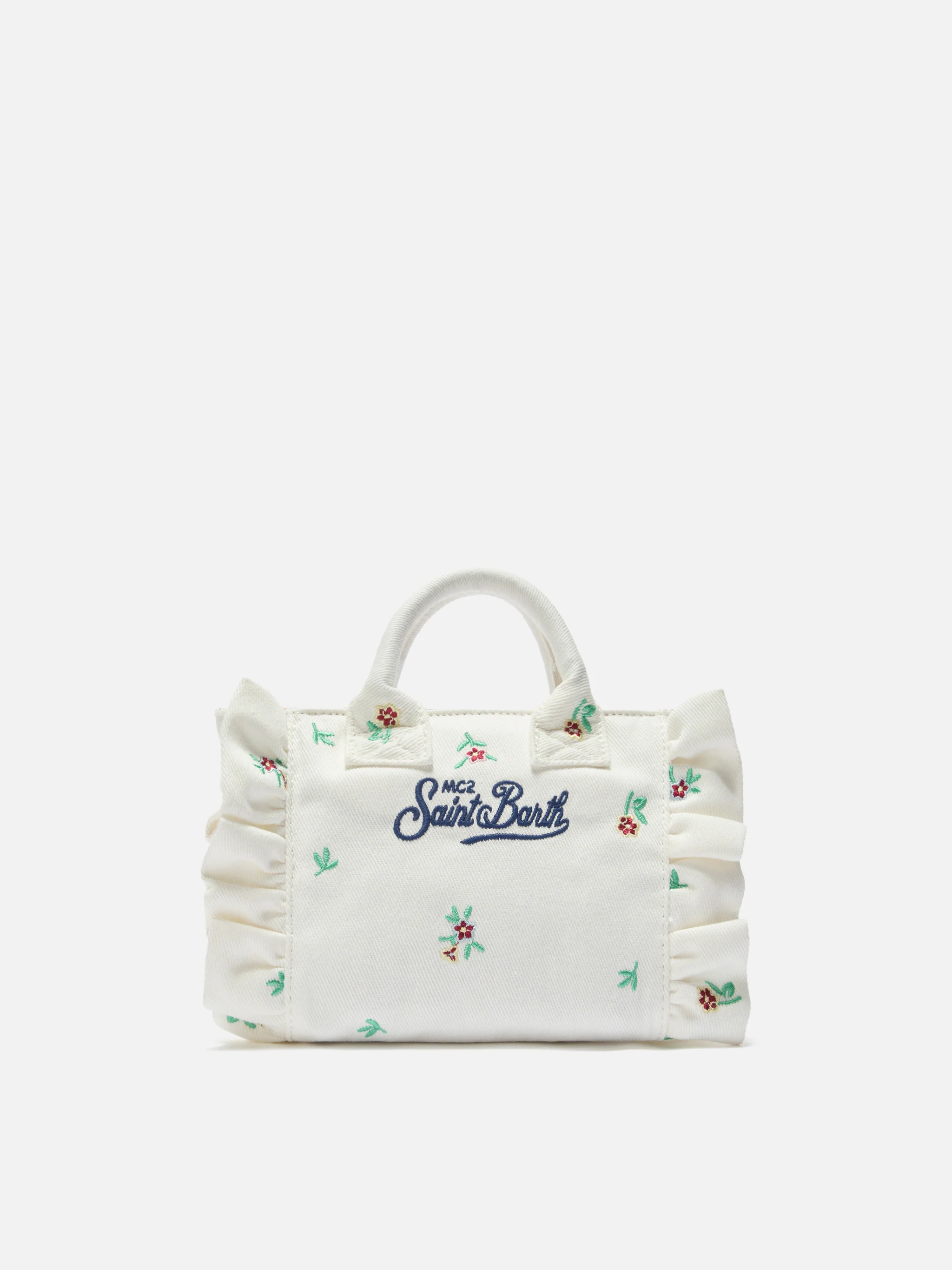 Borsa Vanity mini volant in denim bianca con fiori ricamati - Image 3