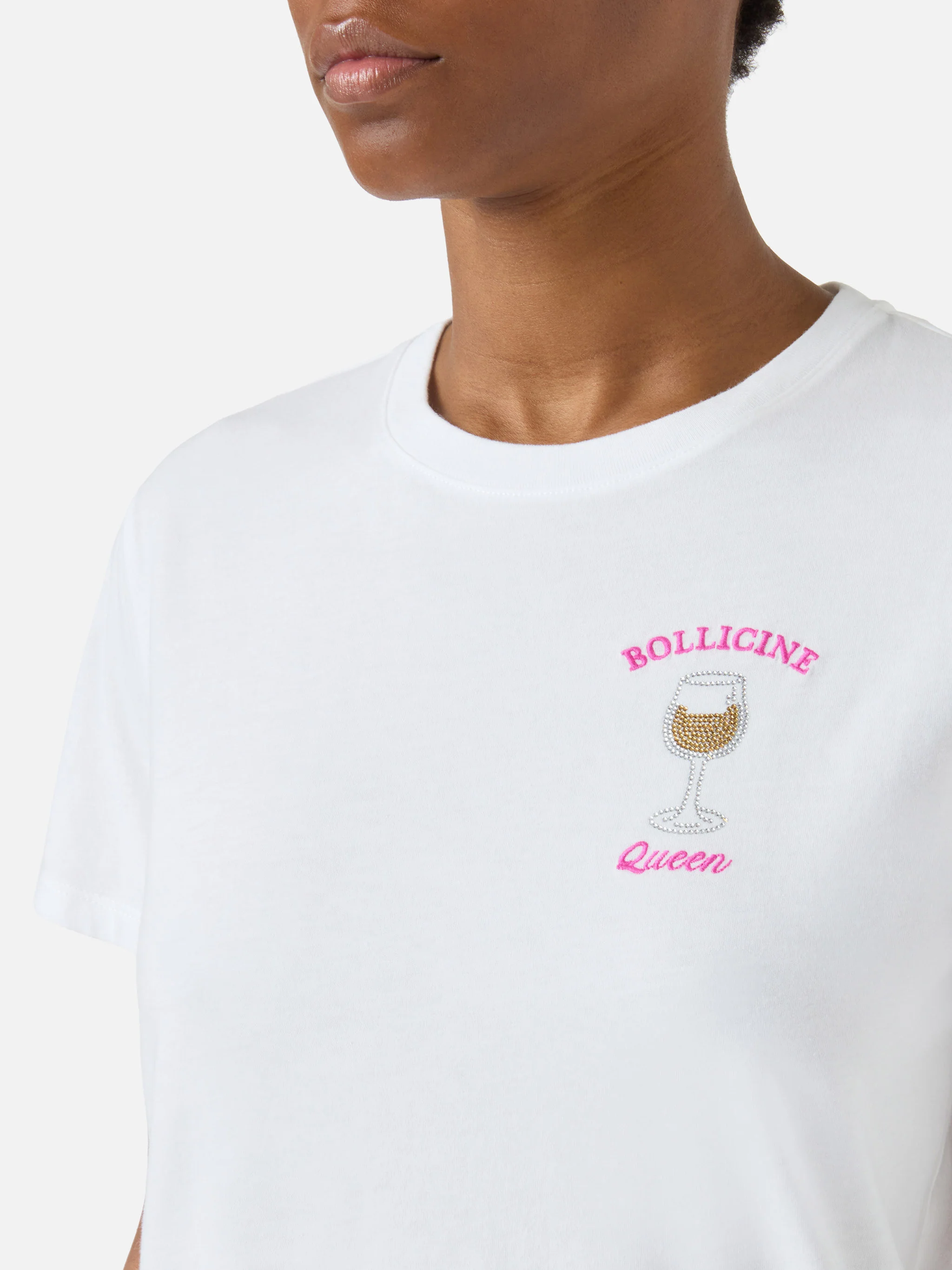 T-shirt Emilie bianca con ricamo Bollicine Queen e strass - Image 2