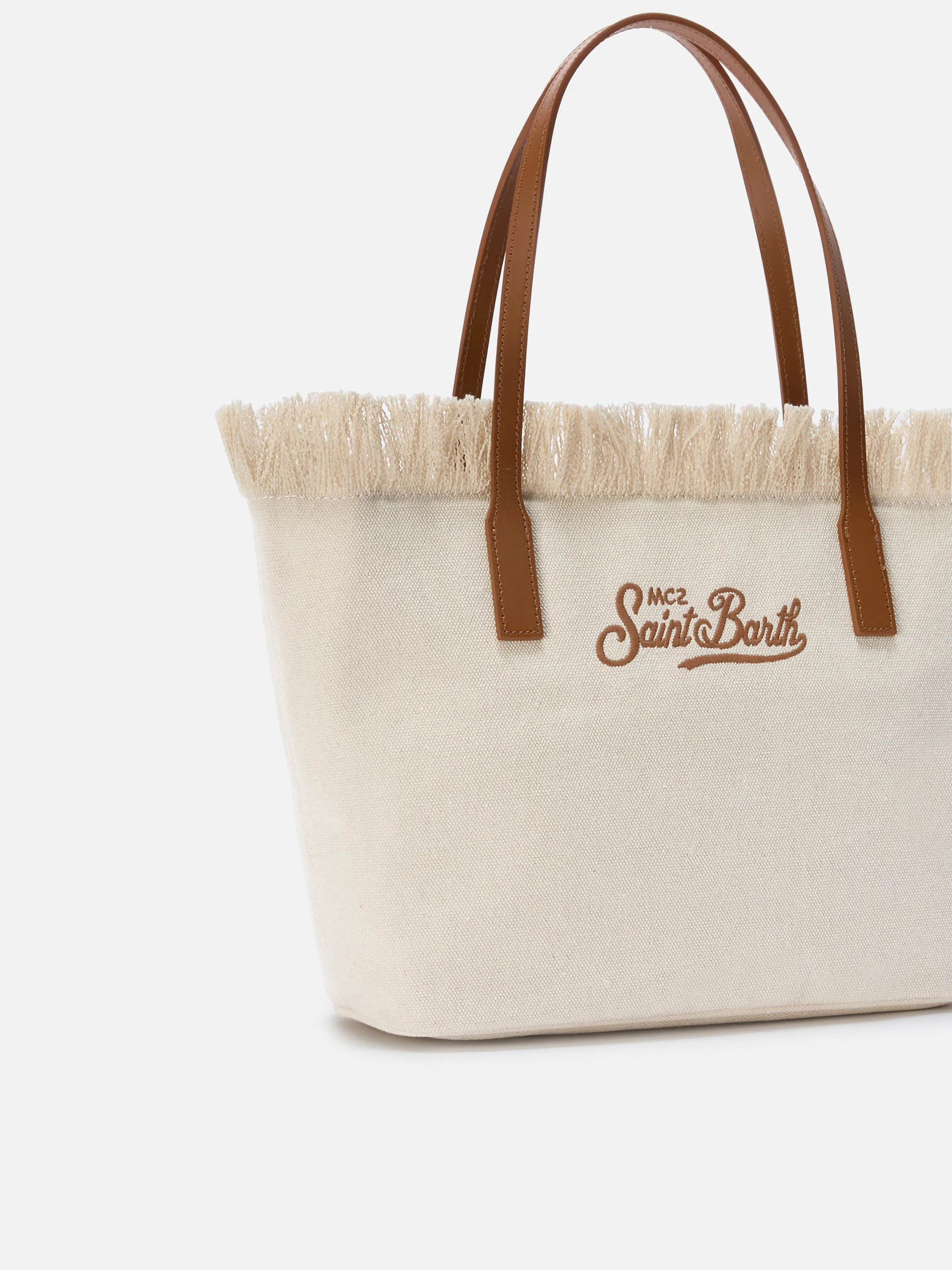 Borsa shopper City medium bianca in canvas con frange - Image 3