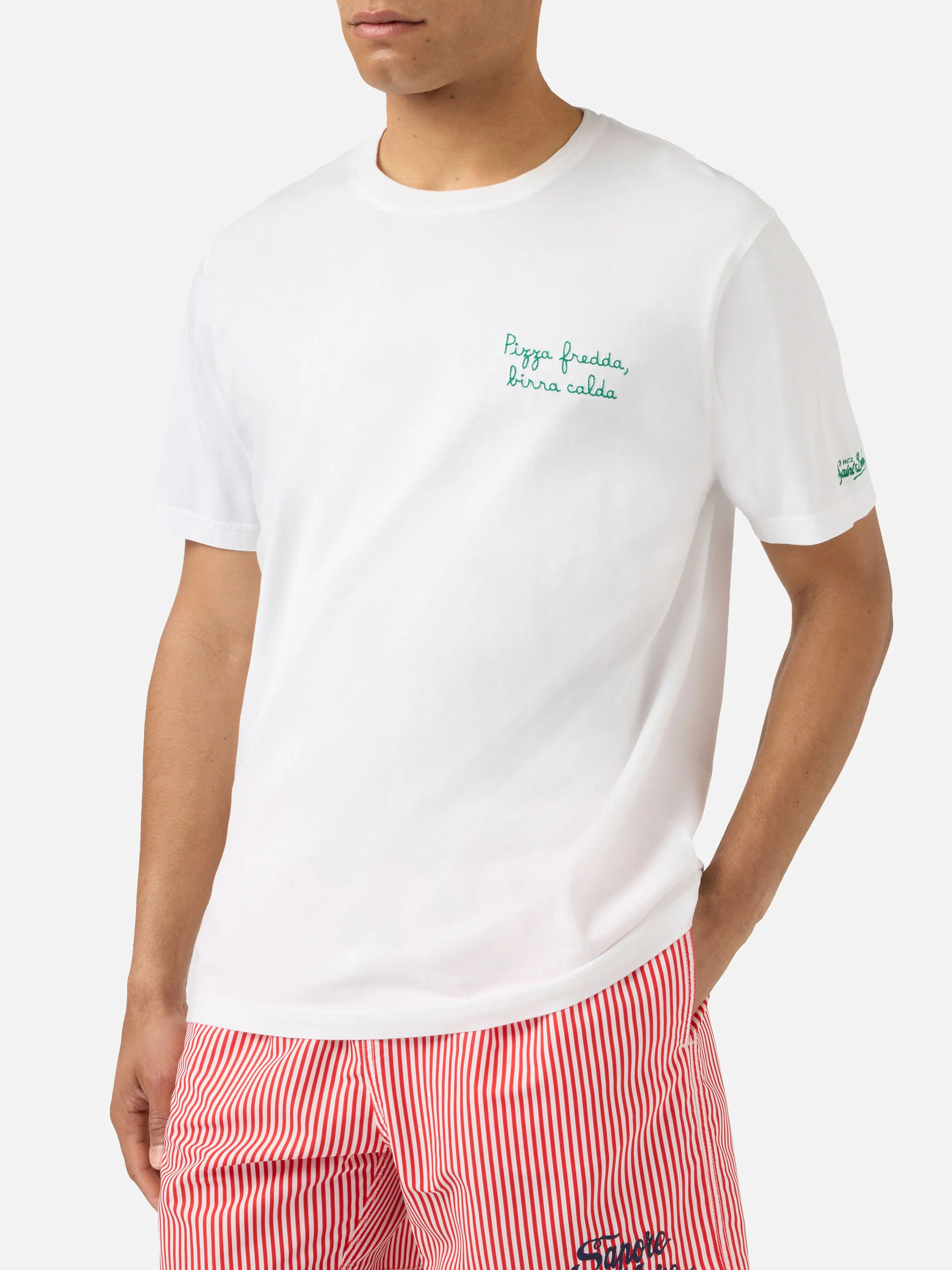 T-shirt Portofino bianca con ricamo Pizza Fredda Birra Calda - Image 3