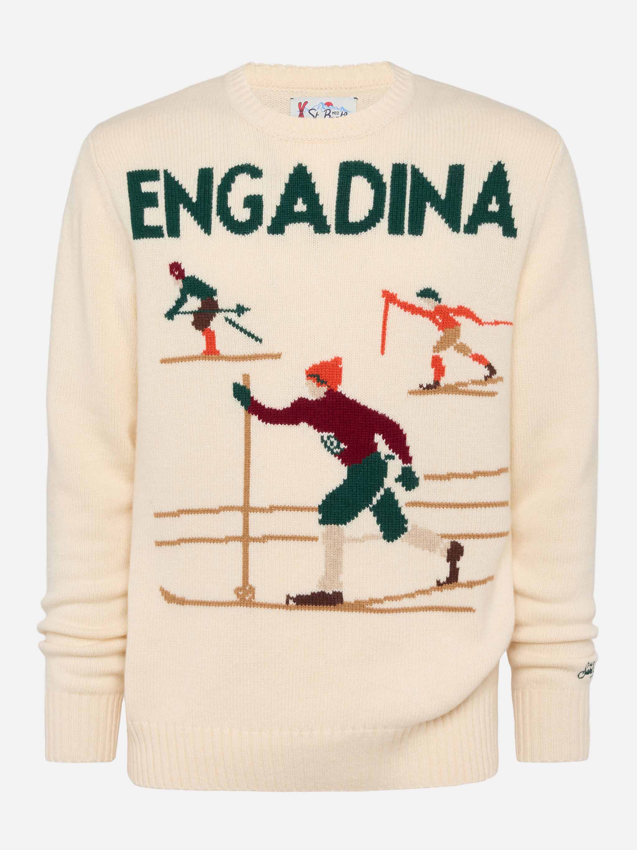 Maglione bianco Bombardino Light con jacquard sciatori Engadina - Image 3