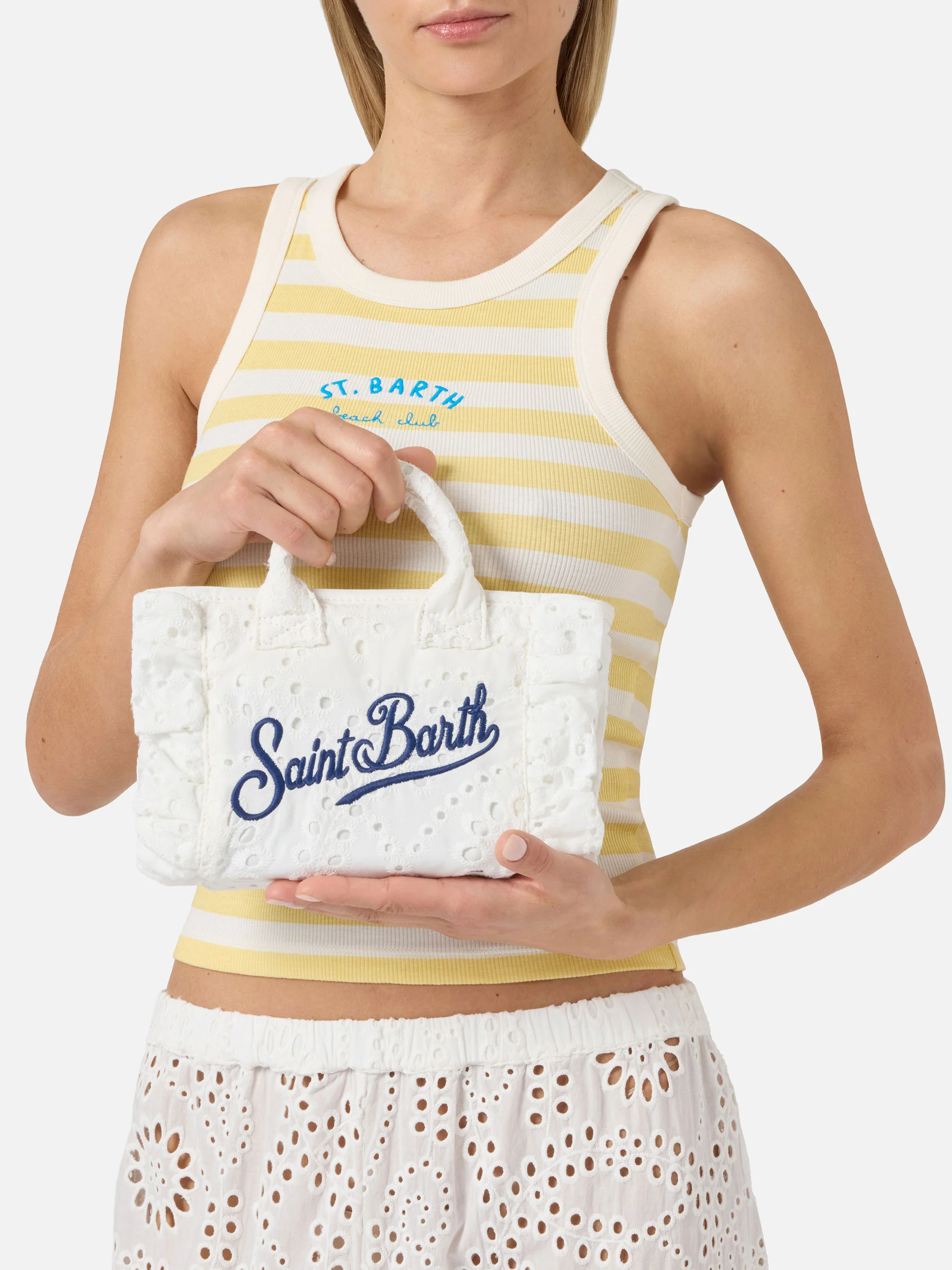Borsa Vanity mini volant in cotone sangallo bianca - Image 2