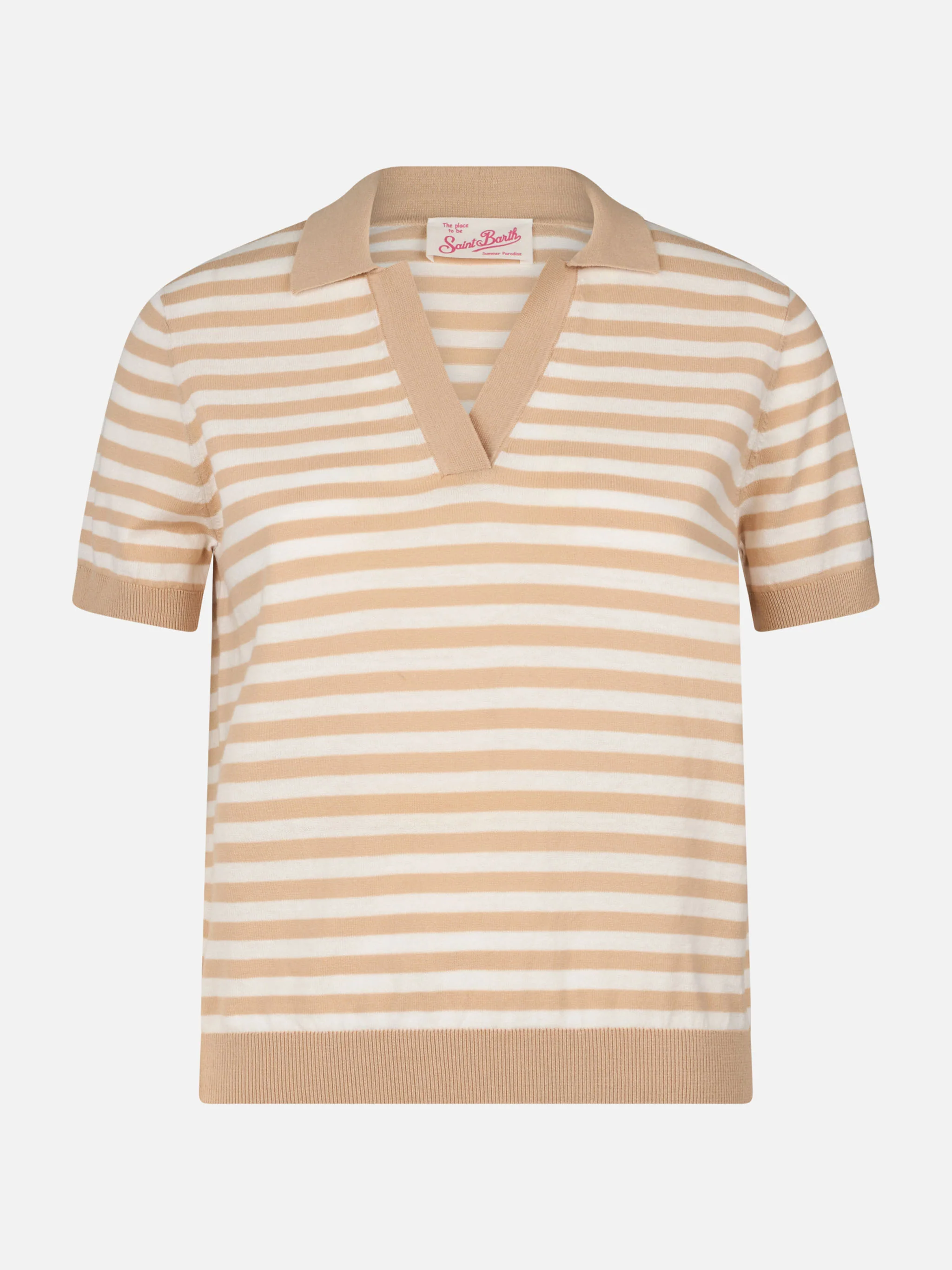 Polo Evonne in maglia con righe beige e bianche - Image 5