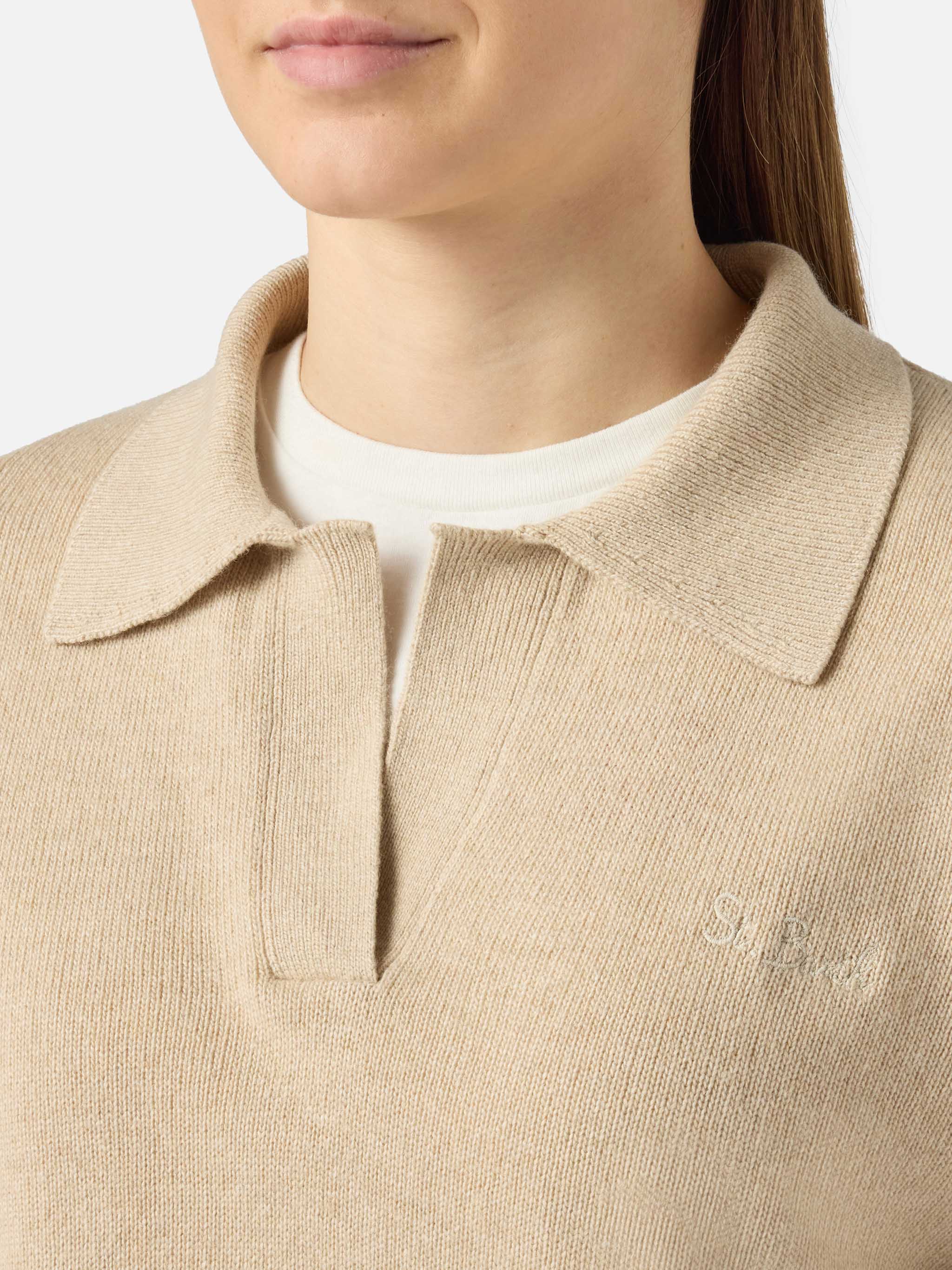 Maglione Eze in misto cashmere beige con collo polo - Image 2