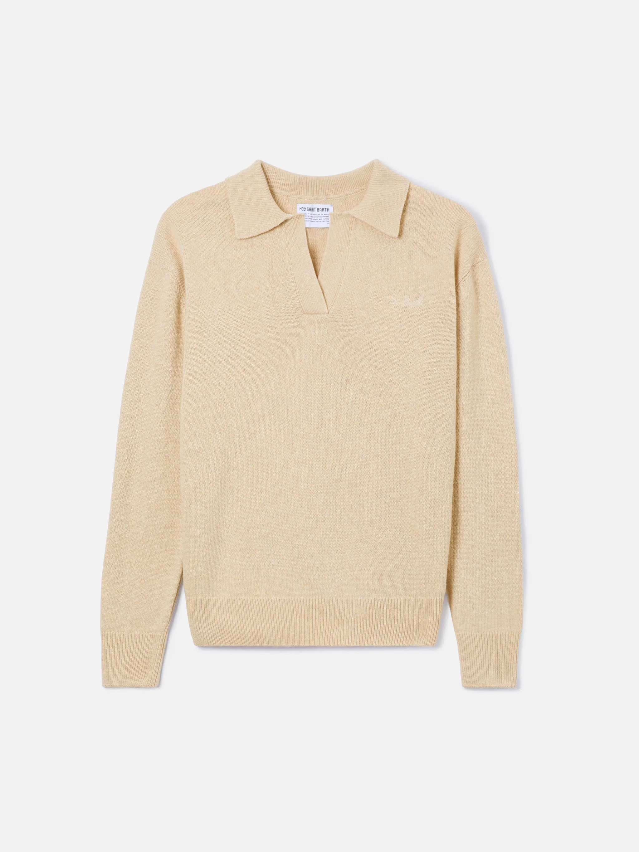 Maglione Eze in misto cashmere beige con collo polo - Image 6