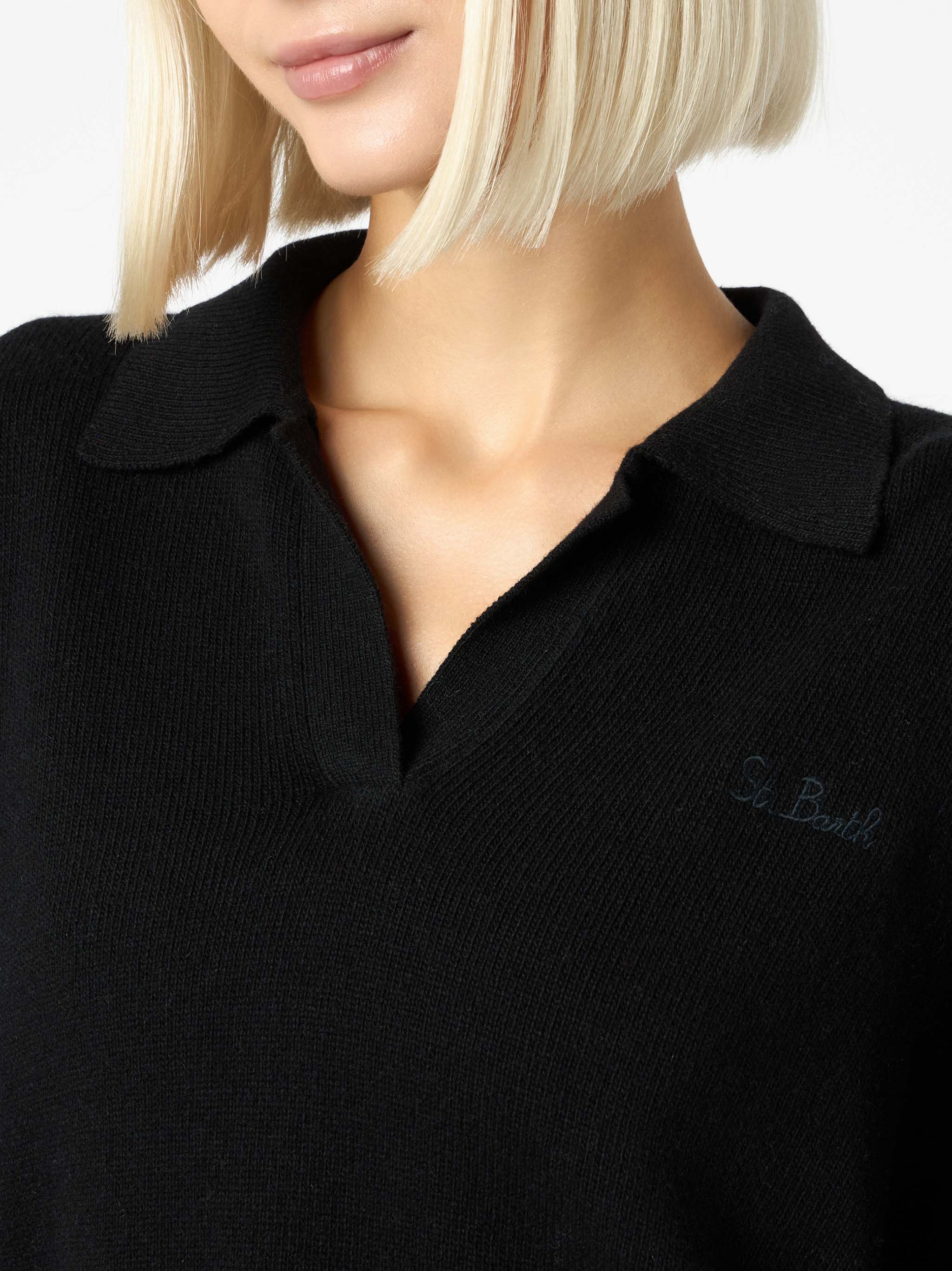 Maglia Eze in misto cashmere nero con colletto polo - Image 2