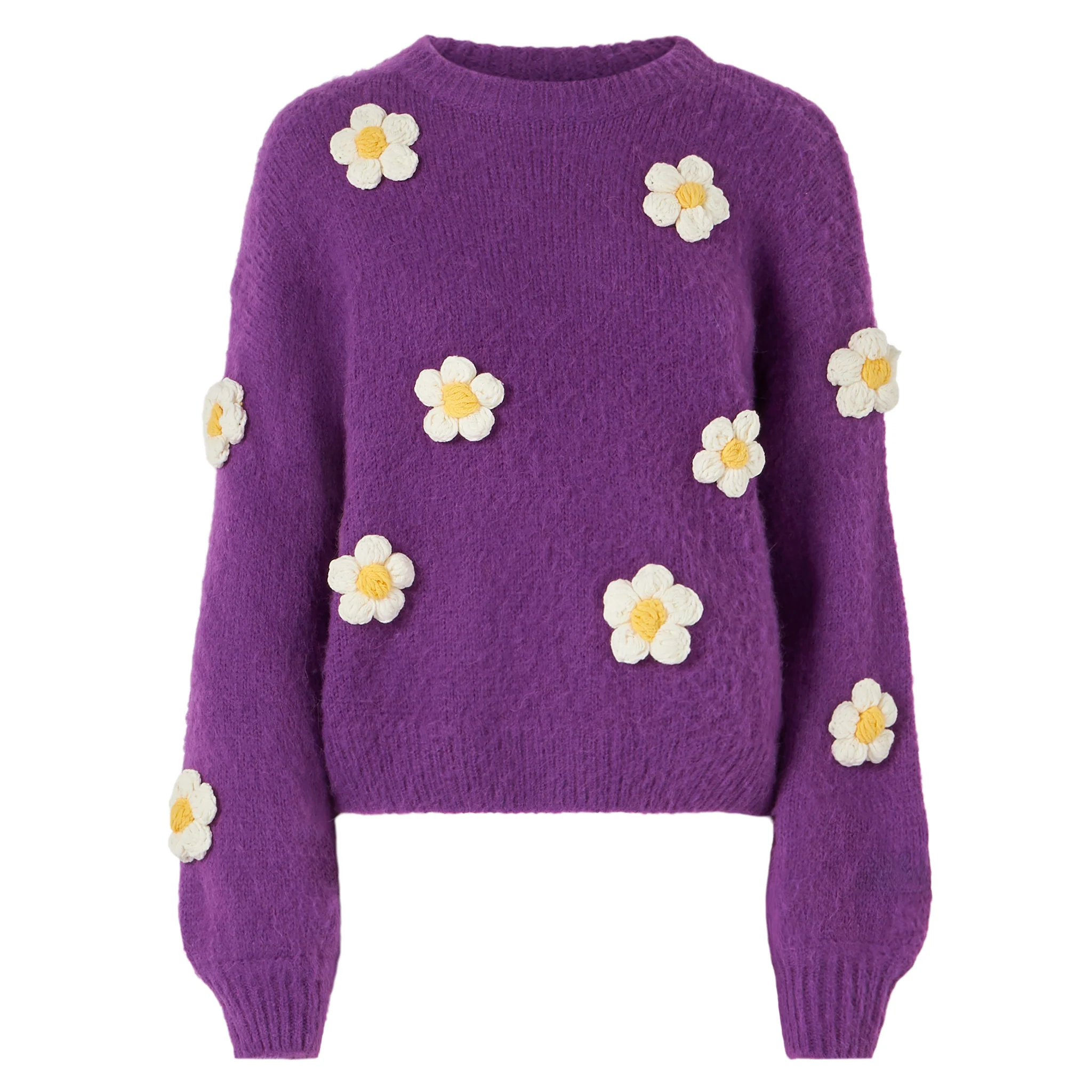 Maglione Danya Soft girocollo viola con applicazioni margherite - Image 4