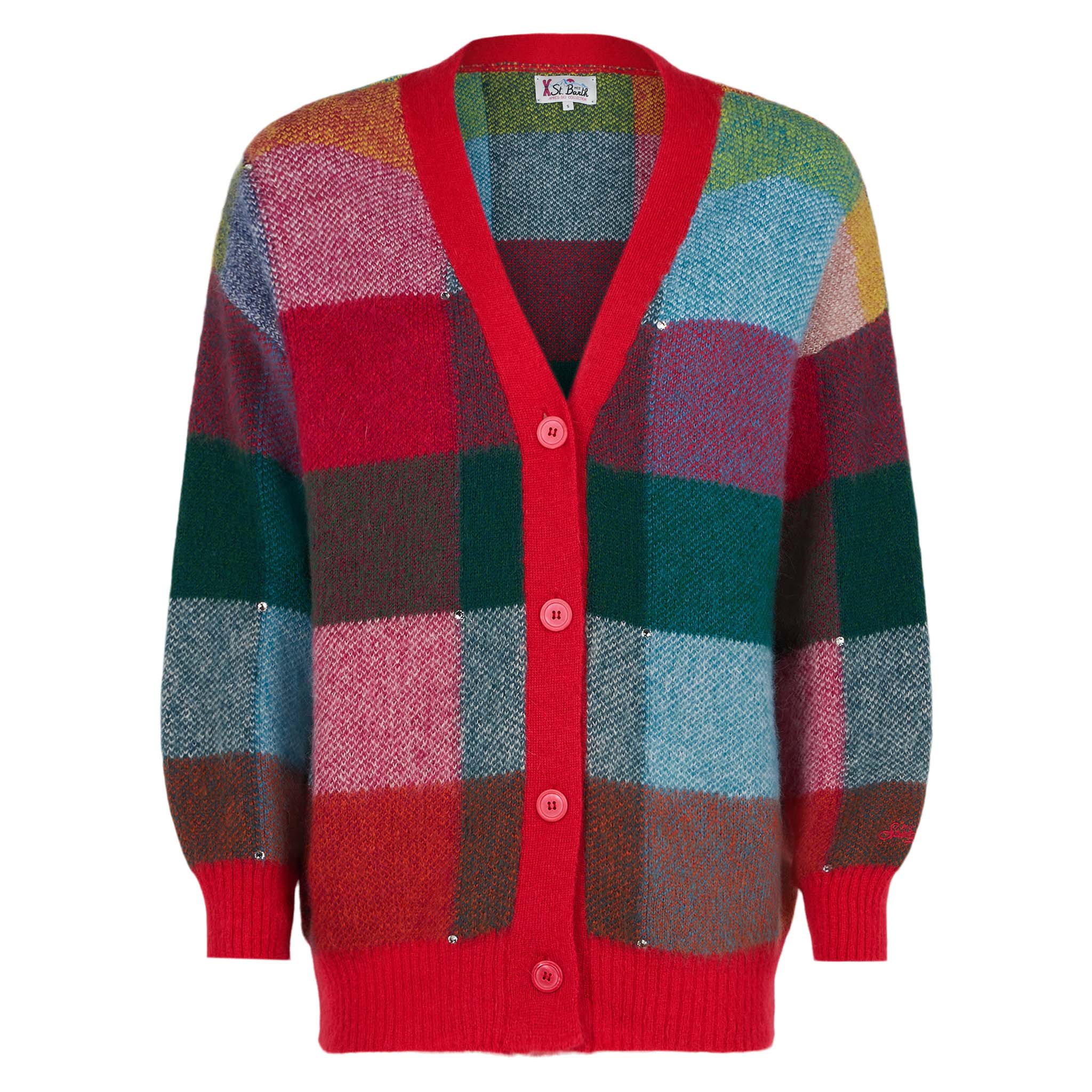 Cardigan garzato a quadri multicolor Chloe con applicazione strass - Image 4