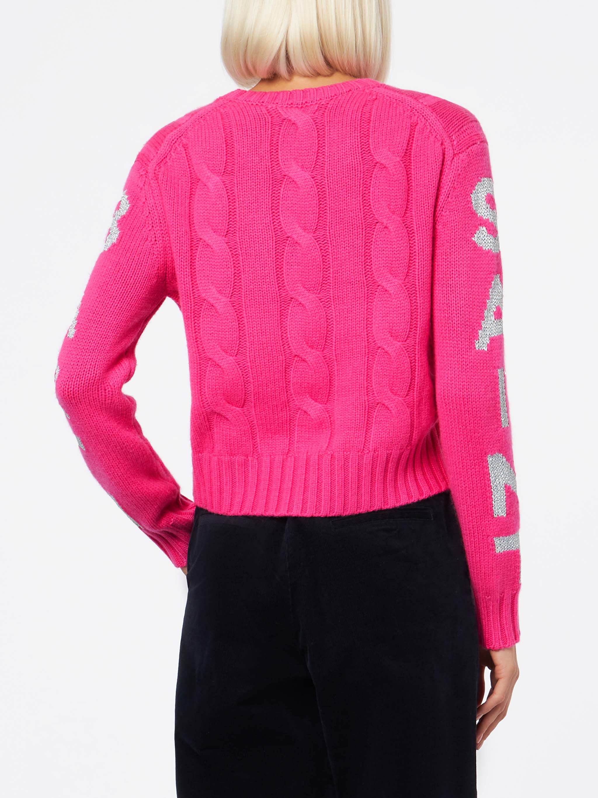 Maglione Malmo intrecciato fucsia fluo con jacquard lurex - Image 2