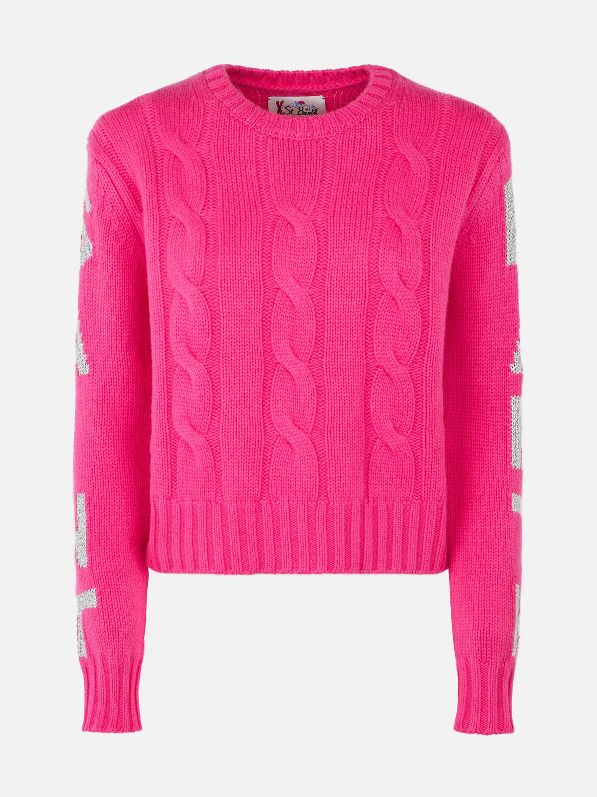 Maglione Malmo intrecciato fucsia fluo con jacquard lurex - Image 5